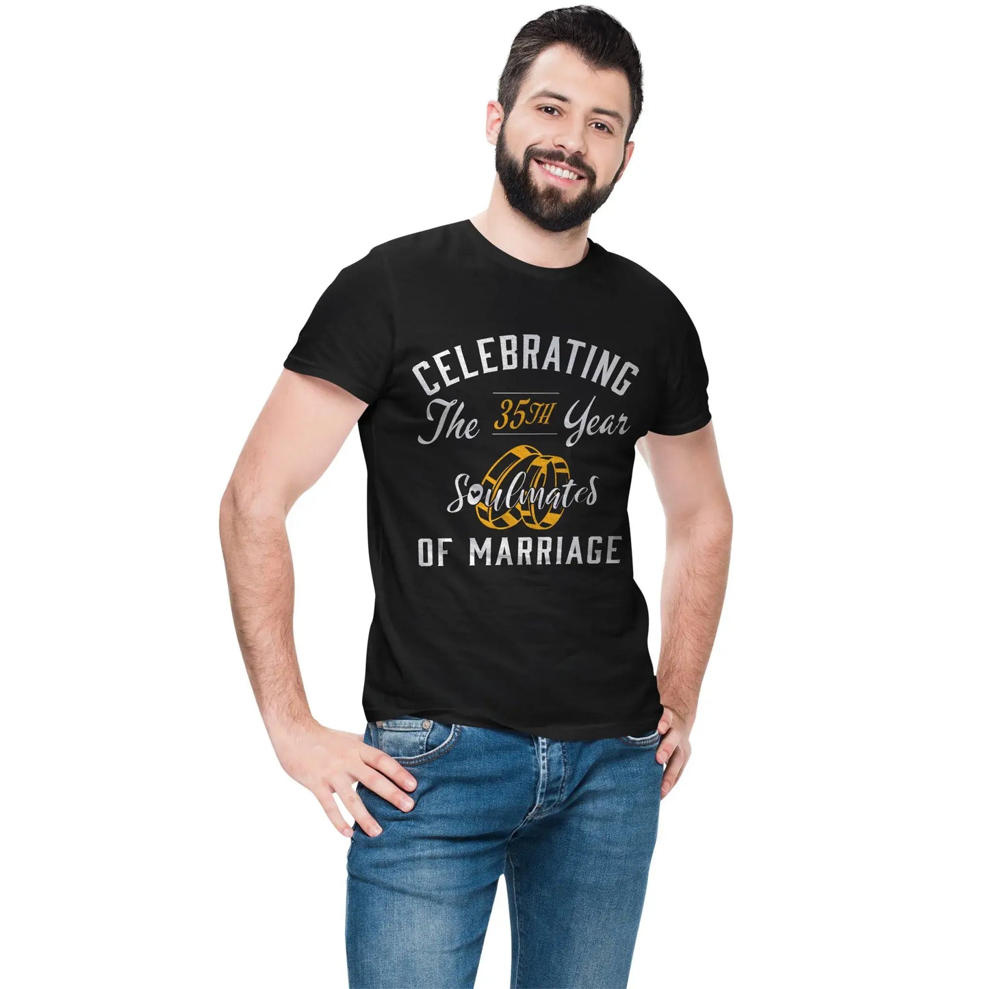 Man wearing 35th anniversary gift shirt