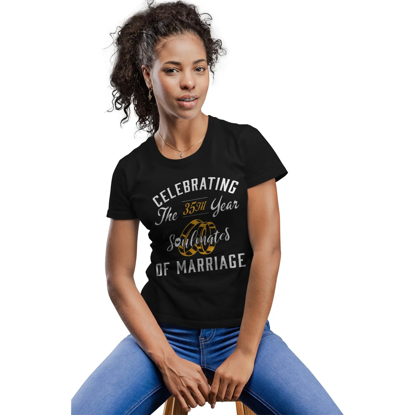 Woman in wedding anniversary soulmate tee