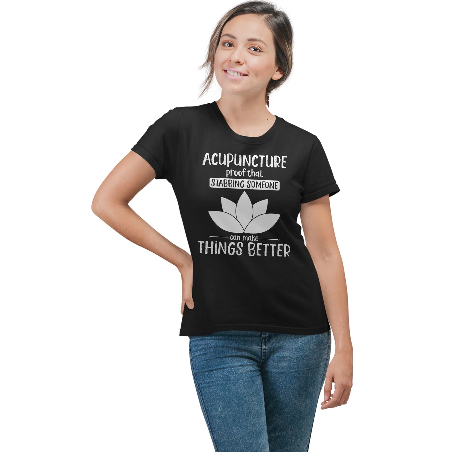 Woman wearing black acupuncture shirt with lotus design. Great for acupuncturists and TCM fans.