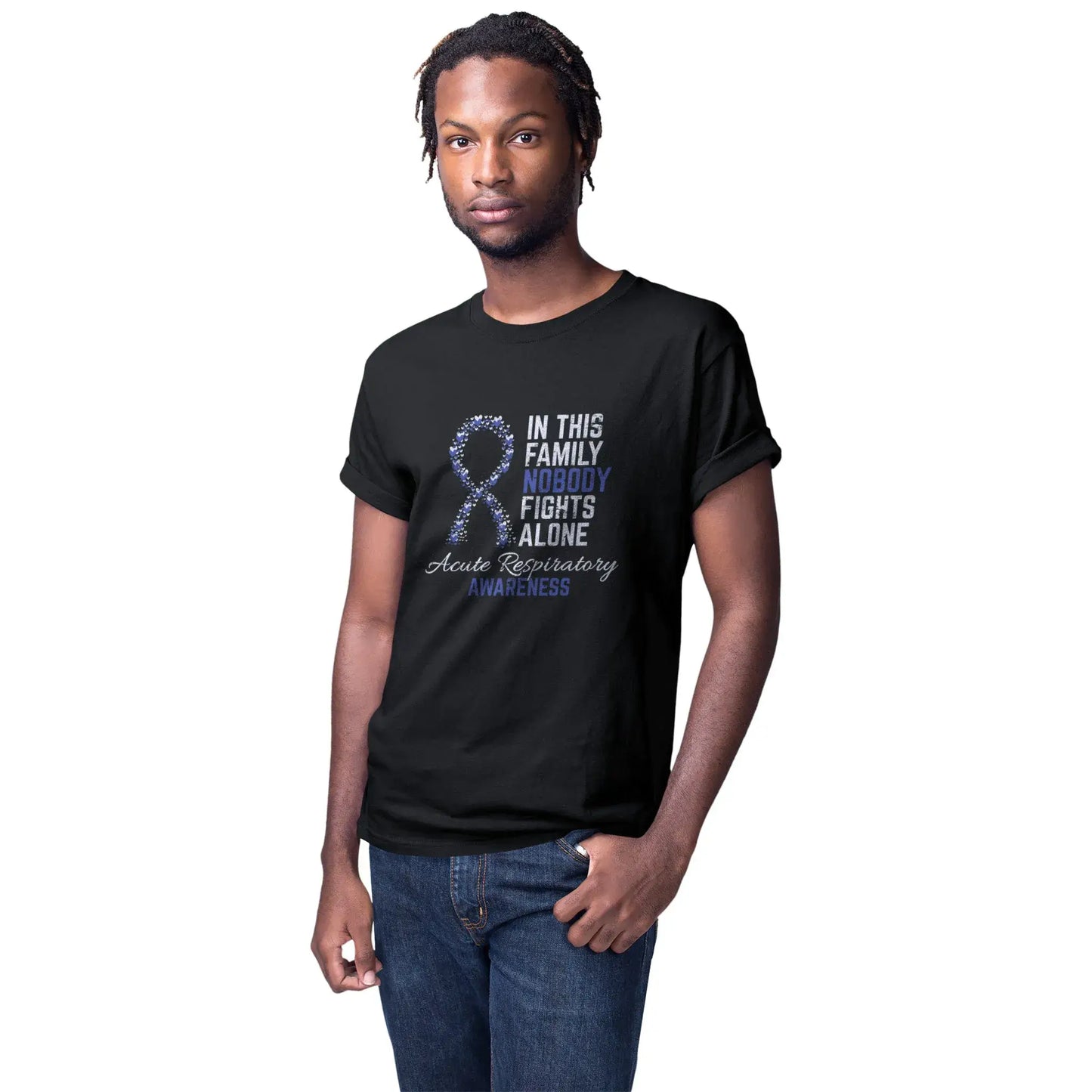 A man models the Acute Respiratory Awareness tee in solidarity with survivors, caregivers, and healthcare teams affected by acute respiratory failure.