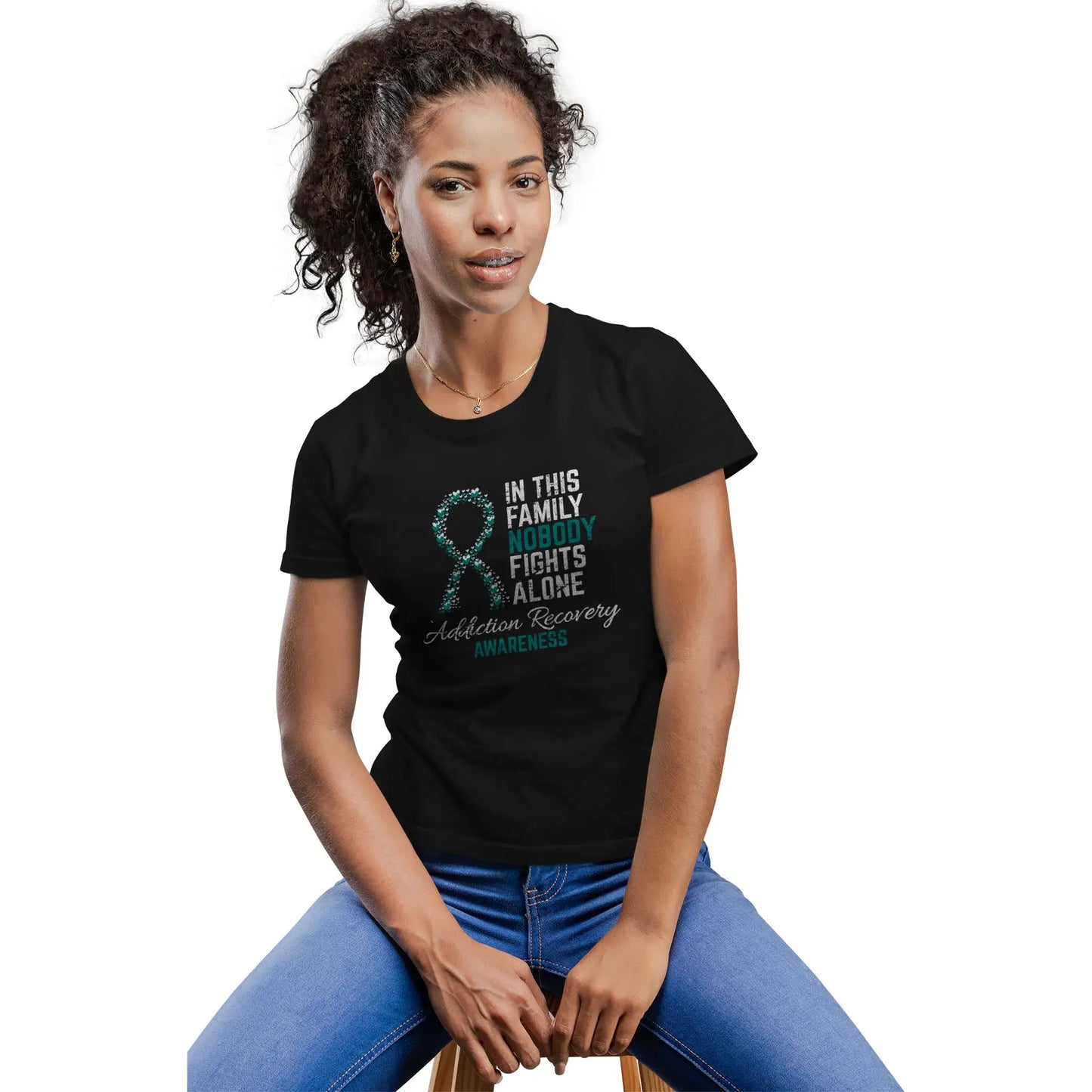 Woman wearing addiction awareness shirt to support sobriety and recovery from drug or alcohol addiction.