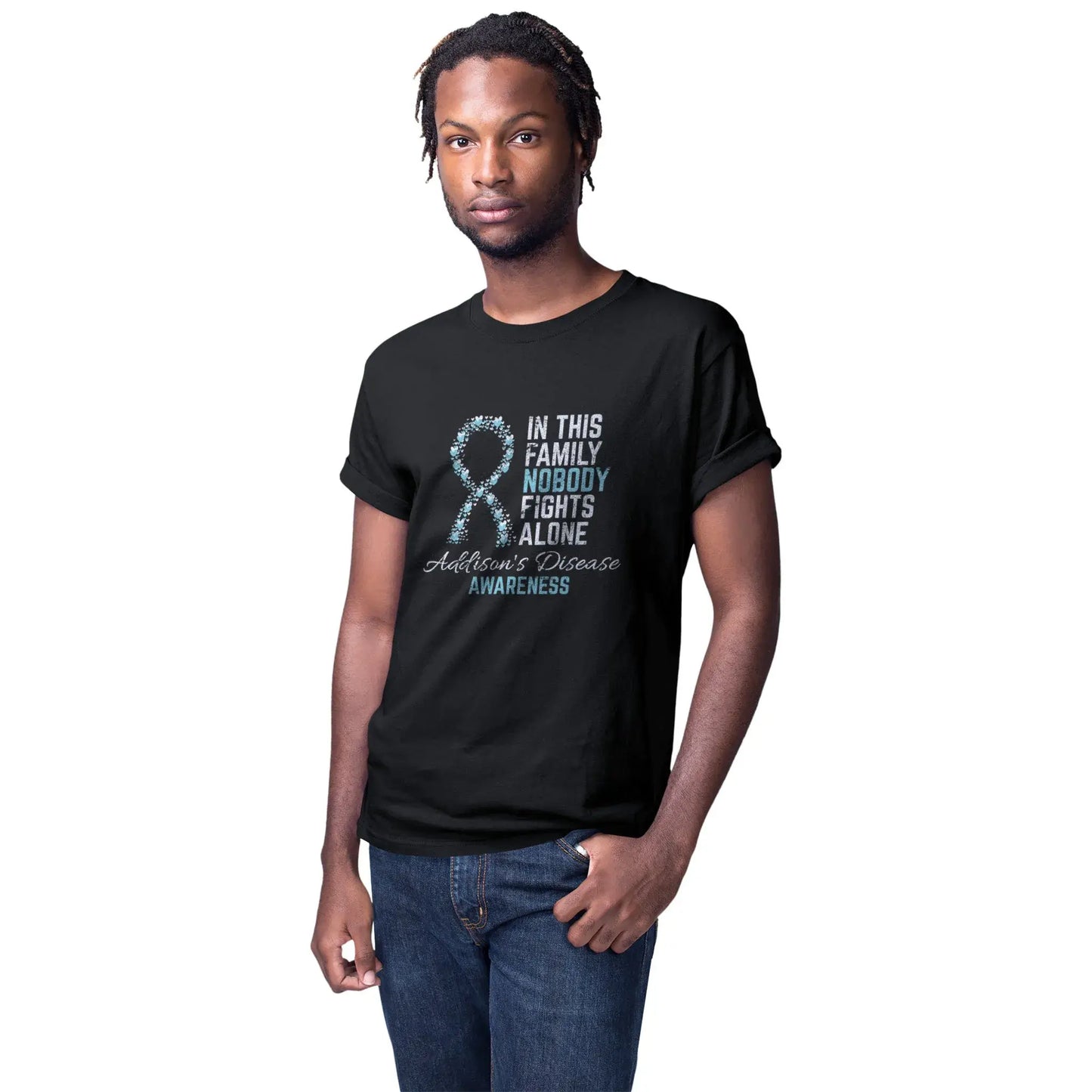 Men’s mockup of the Addisons Disease Awareness T-shirt designed to raise awareness for Addison’s and support those living with it.