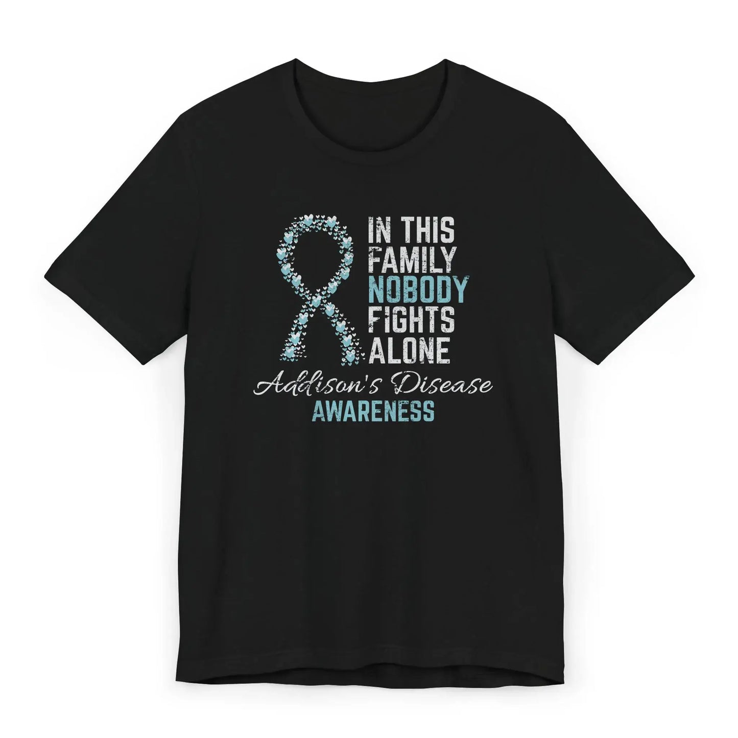 Flat image of the Addisons Disease Awareness T-shirt with a blue ribbon and message showing love and support for rare disease warriors.