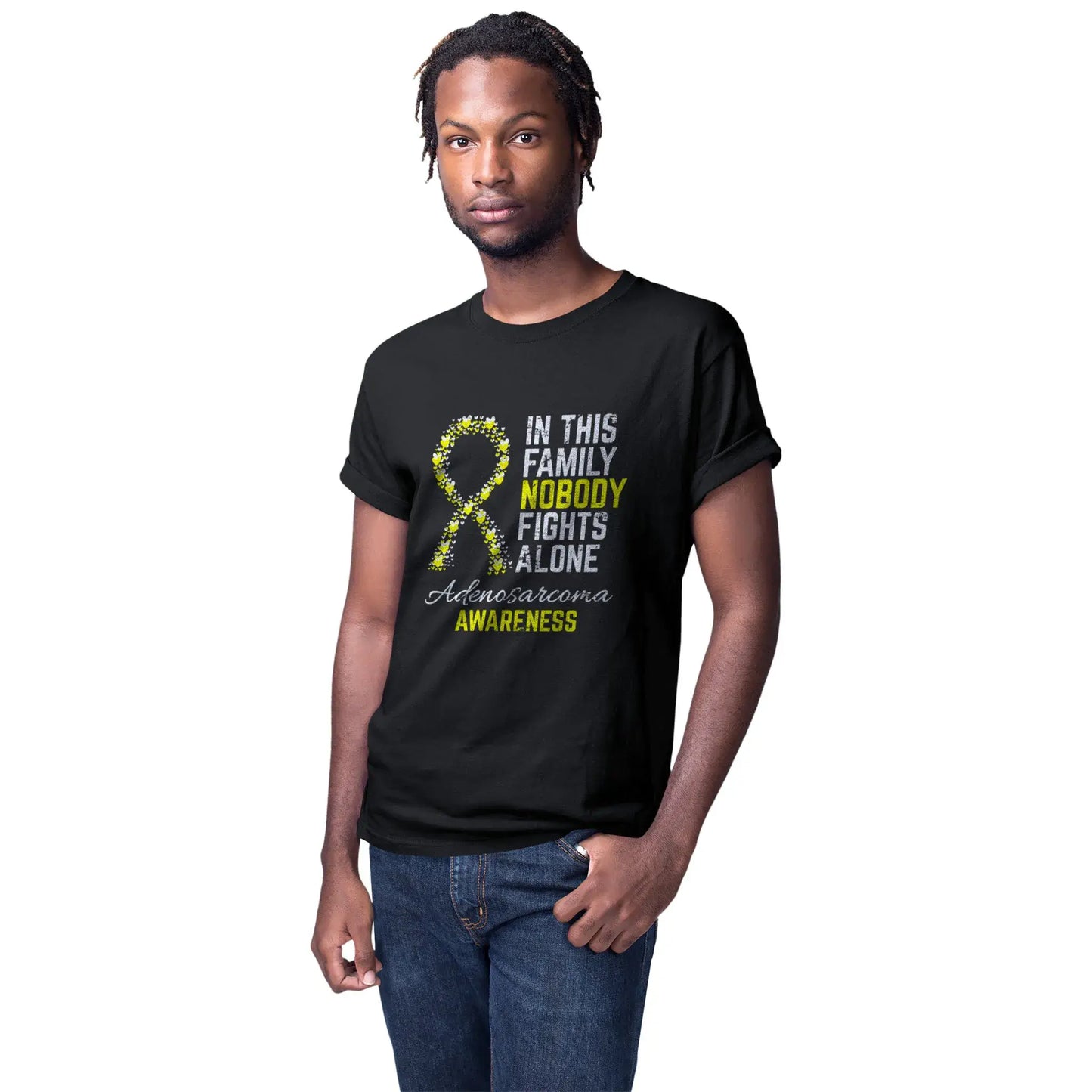 A man wears the adenosarcoma awareness T-shirt to raise visibility for adenosarcoma and offer strength to those affected.