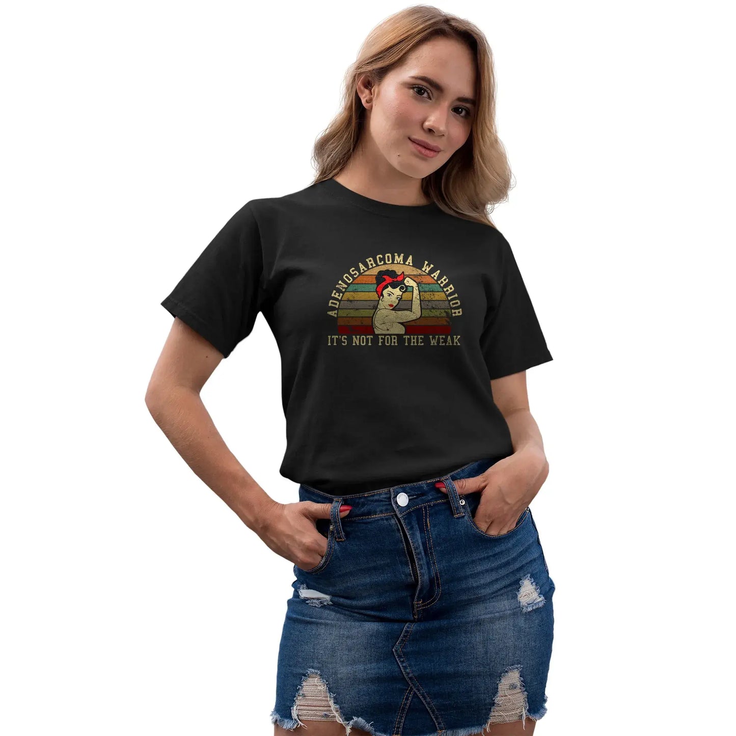 Female model in adenosarcoma support tee showing strength and solidarity