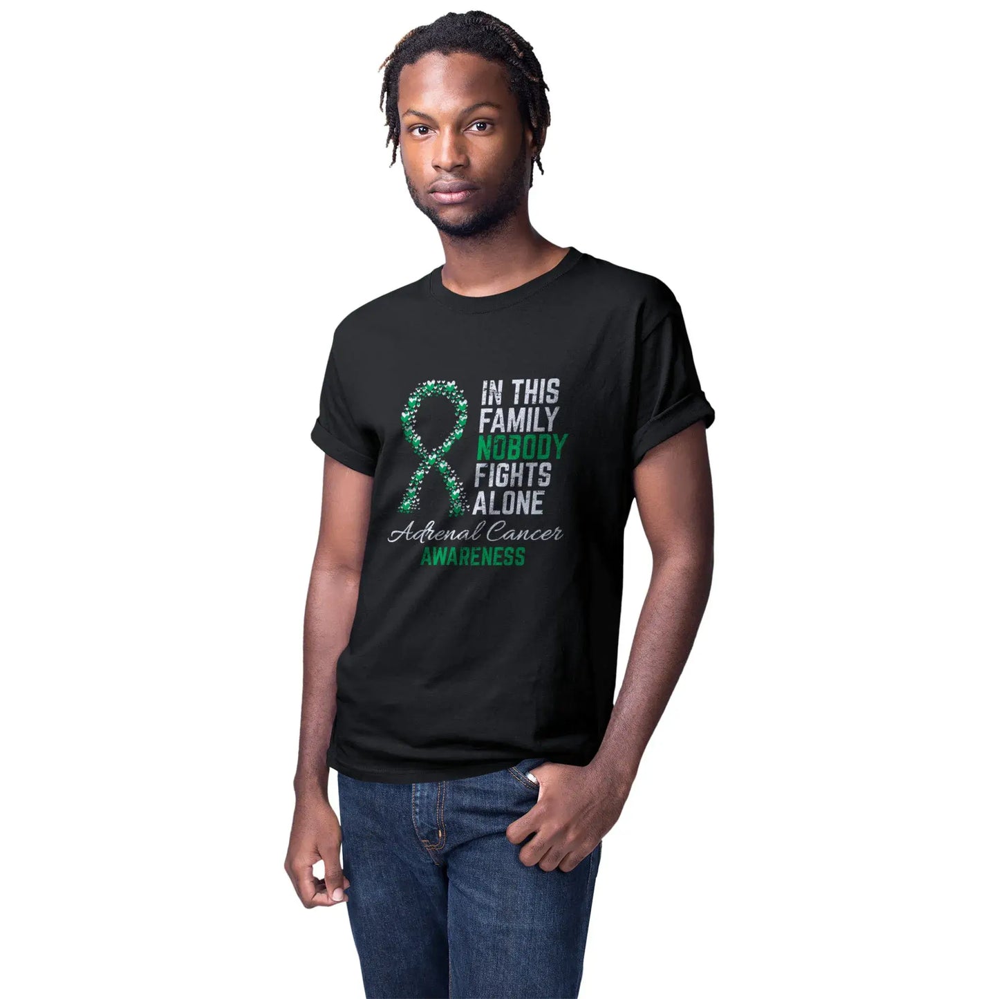 A man models the Adrenal Cancer Awareness tee to raise awareness and show unity with families affected by adrenal cancer.