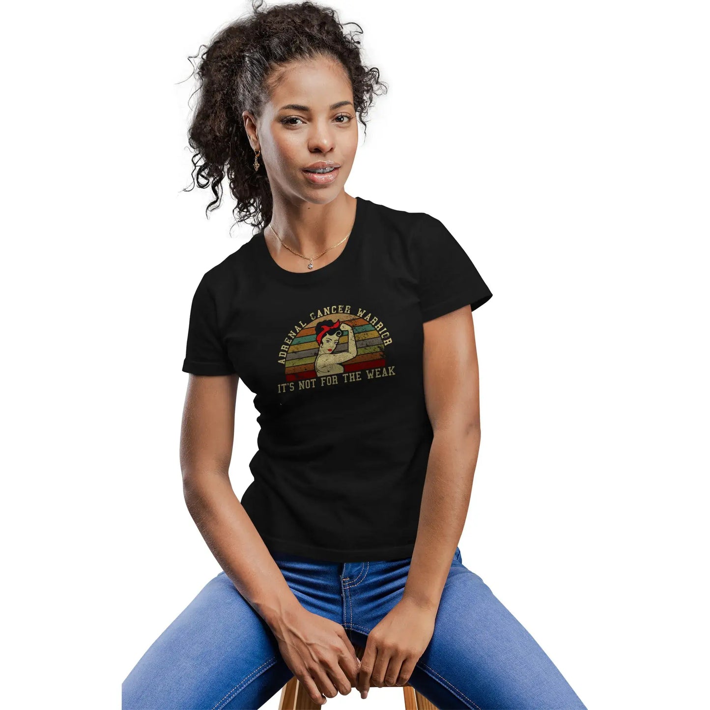 Woman wearing adrenal awareness tee in support of rare cancer fighters