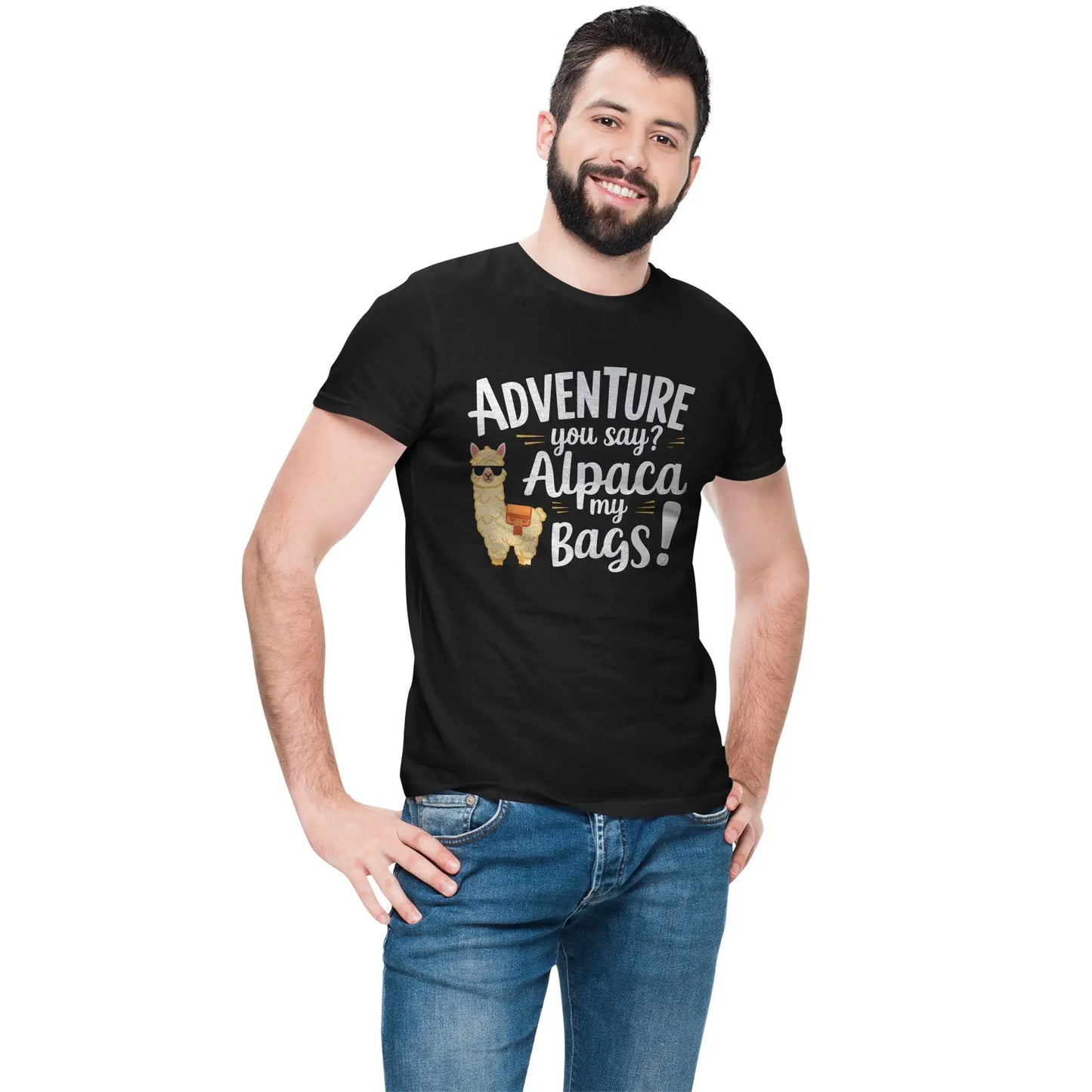 Man in Alpaca My Bags T-shirt