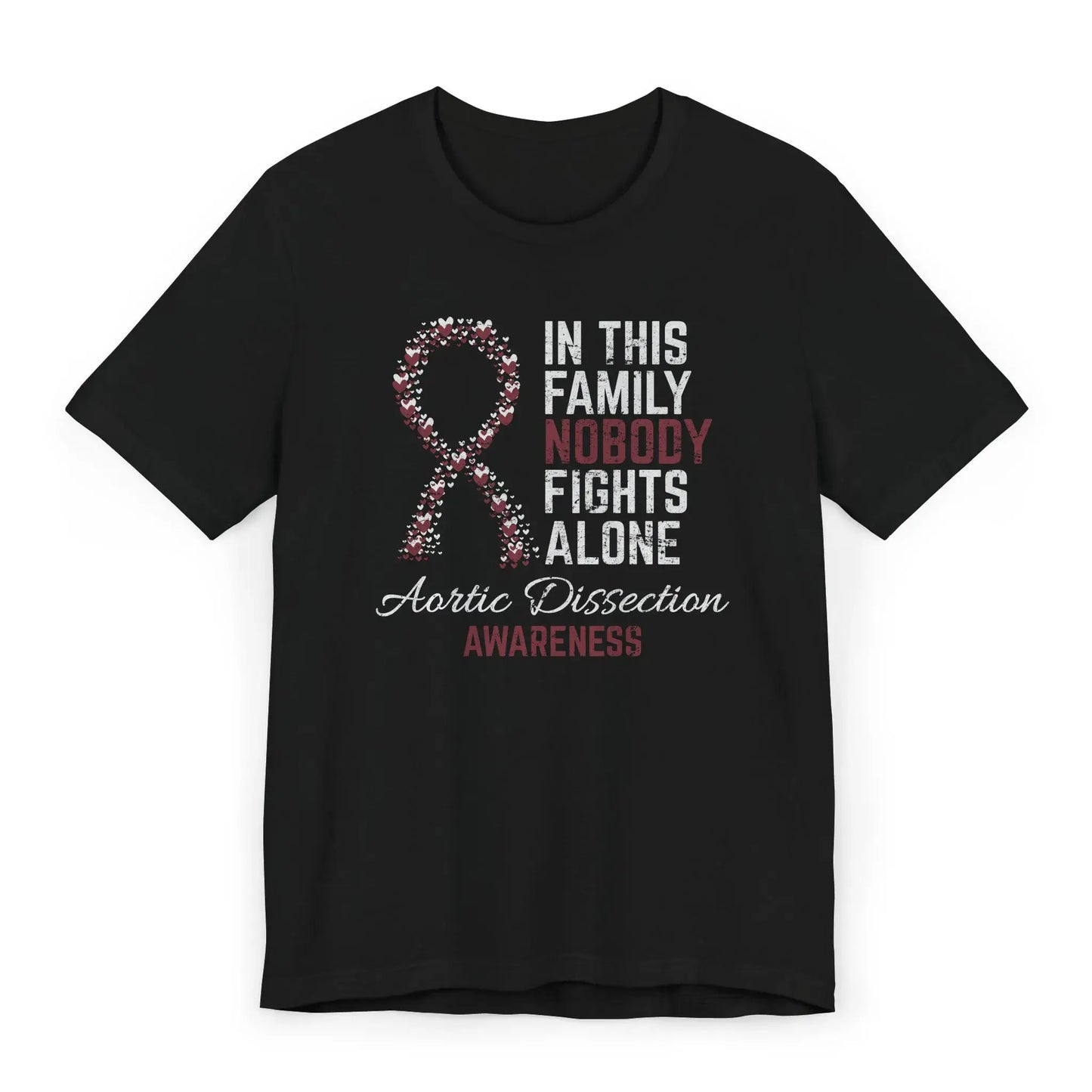 The flat image shows an Aortic Dissection Awareness T-shirt with a heart-filled ribbon and quote supporting survivors of heart trauma and emergency surgery.