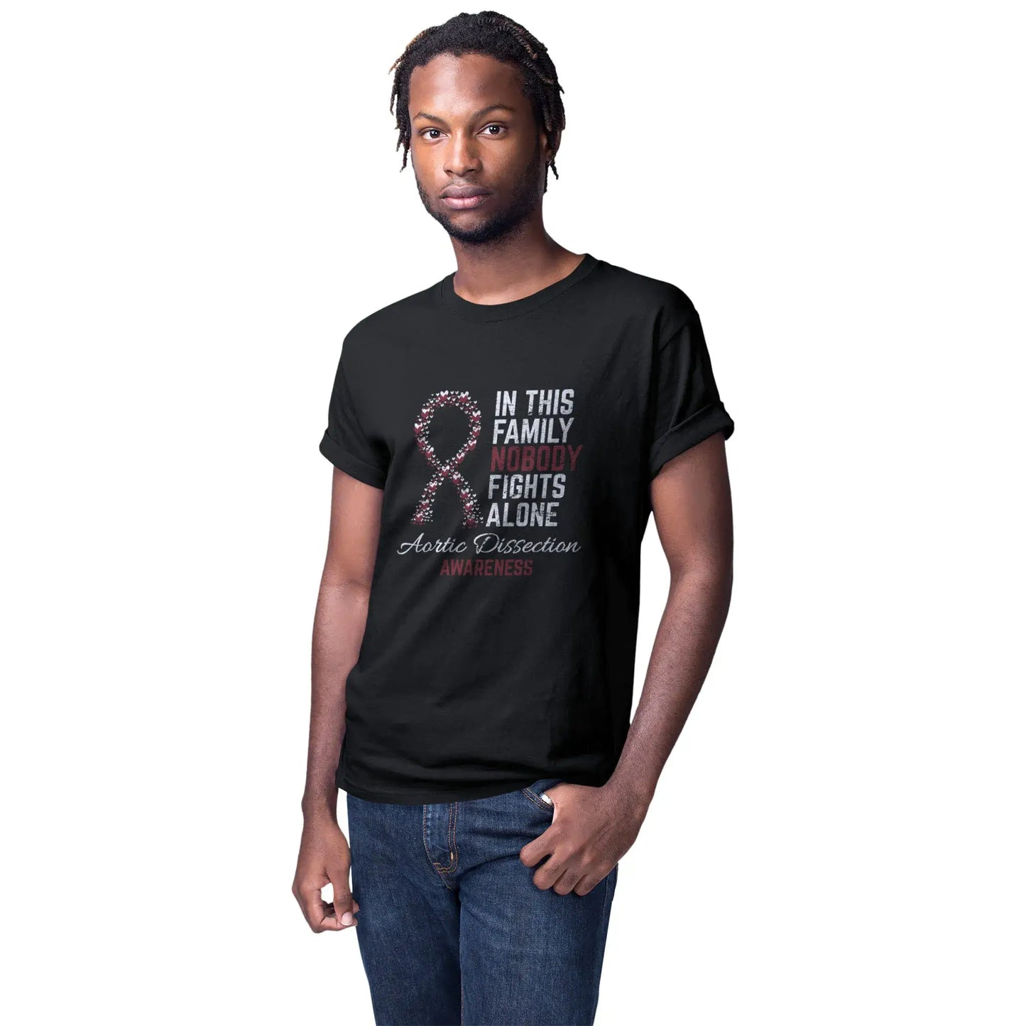A man wears the Aortic Dissection Awareness tee to support heart health education and share his story of survival and strength.