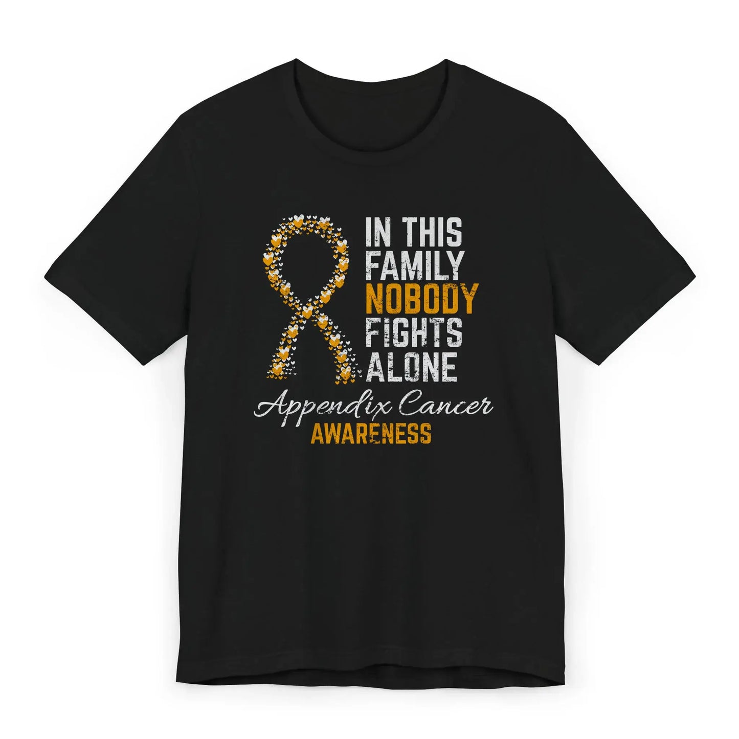 Flat image of the Appendix Cancer Awareness T-shirt with ribbon and quote to support those affected by rare cancer and raise awareness.