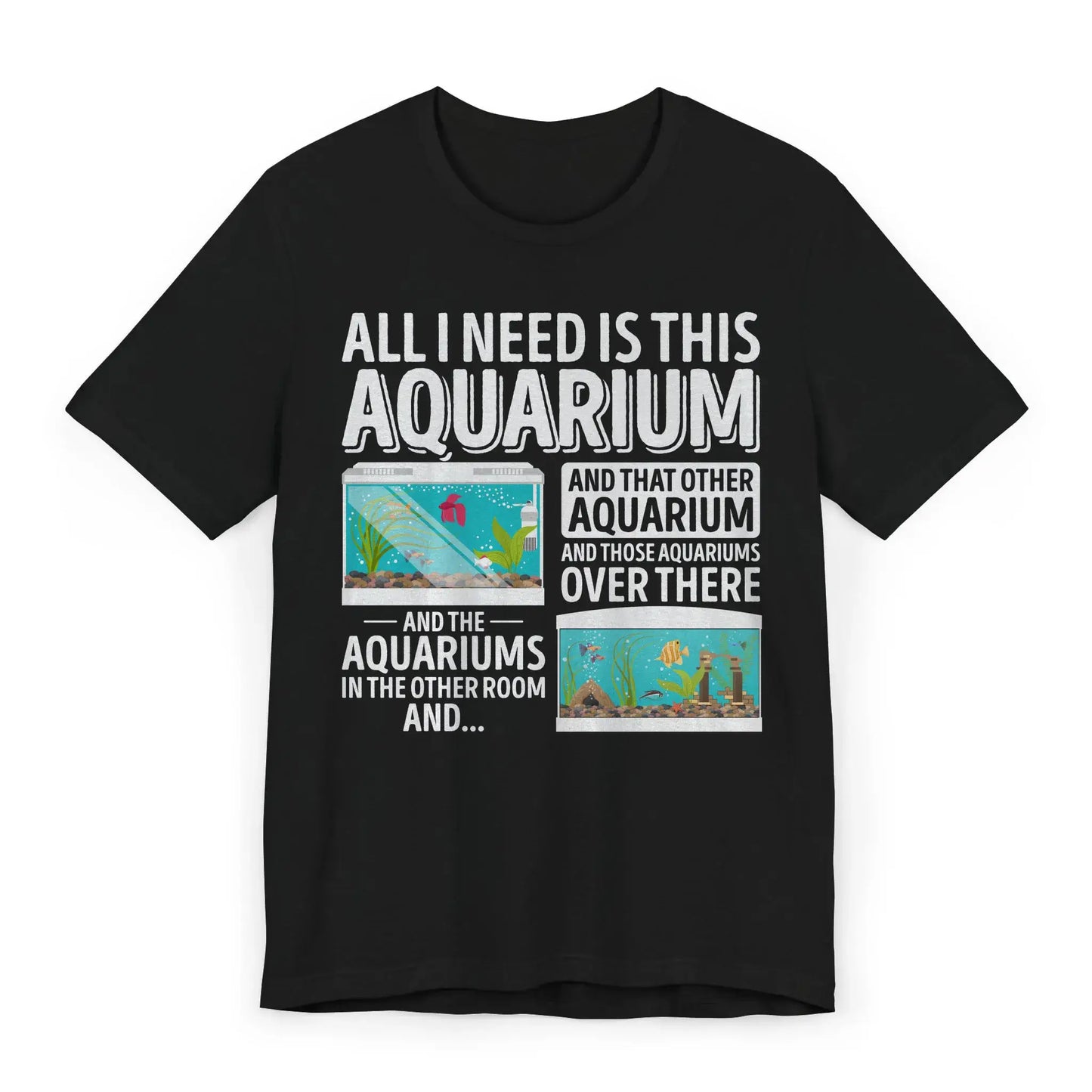 Flatlay of black fish collector gift shirt with multiple aquarium designs