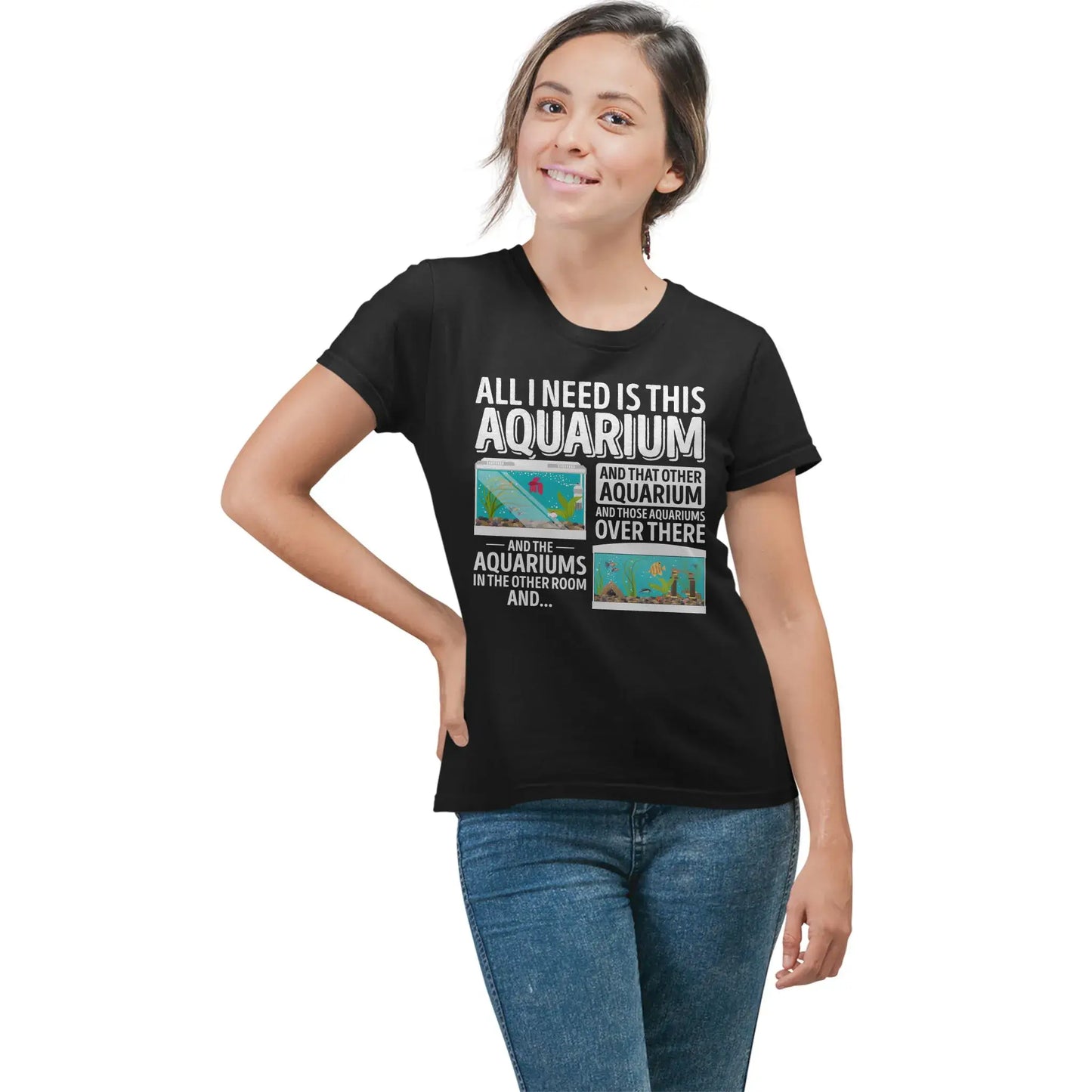 Woman modeling funny aquarium lover shirt with bold white text and fish tank images