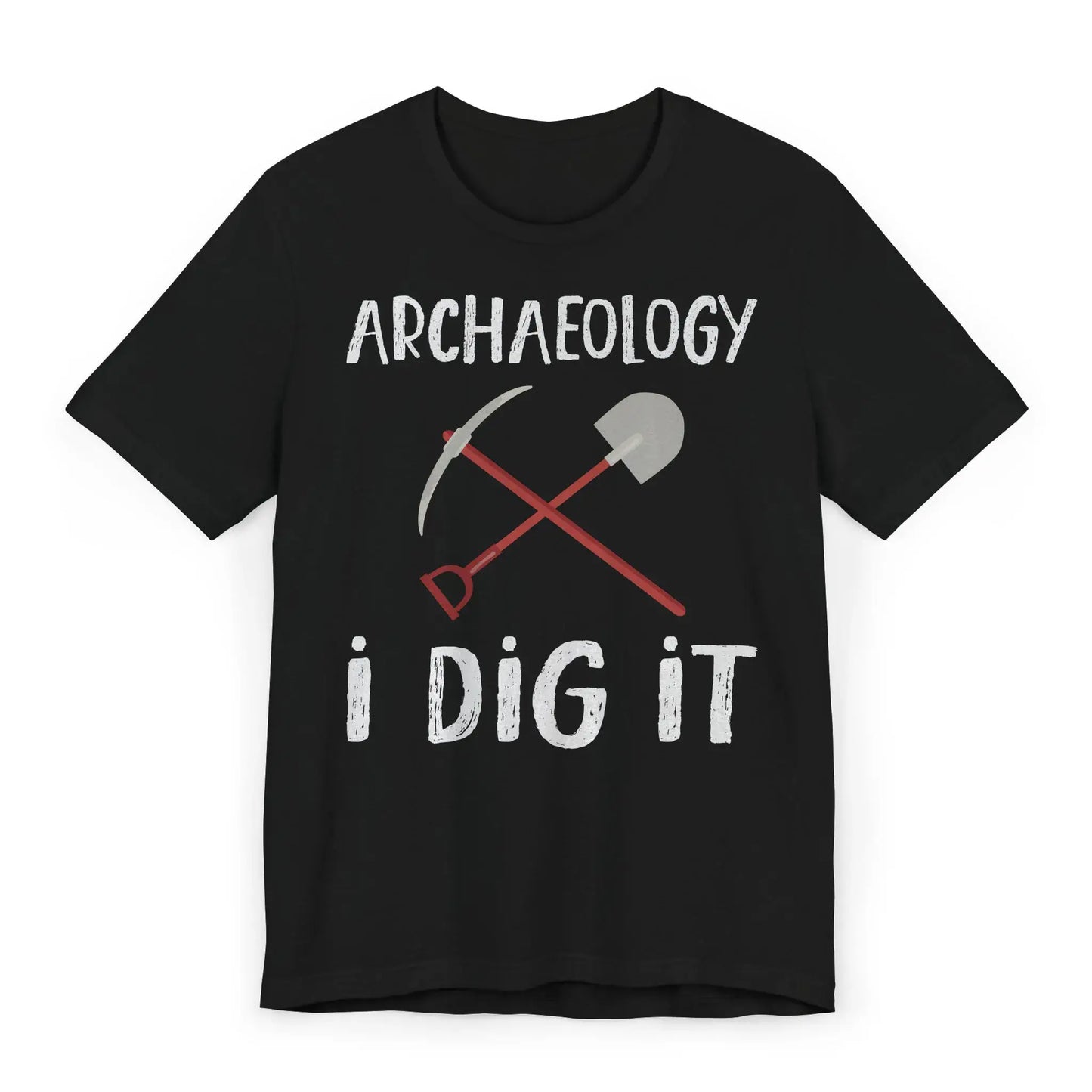 Flatlay of black archaeology gift shirt with crossed tools and “I Dig It” text