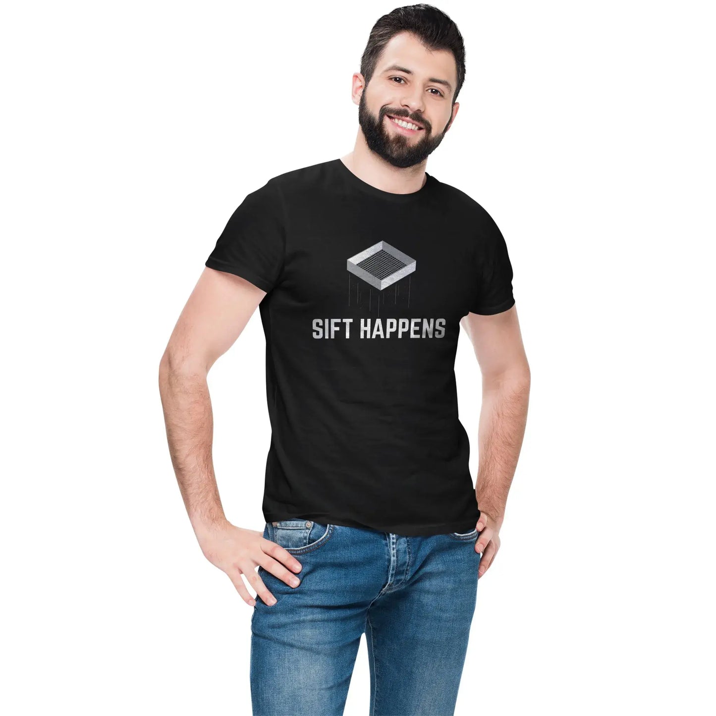 Man wearing archaeology shirt with funny sifting pun and screen design