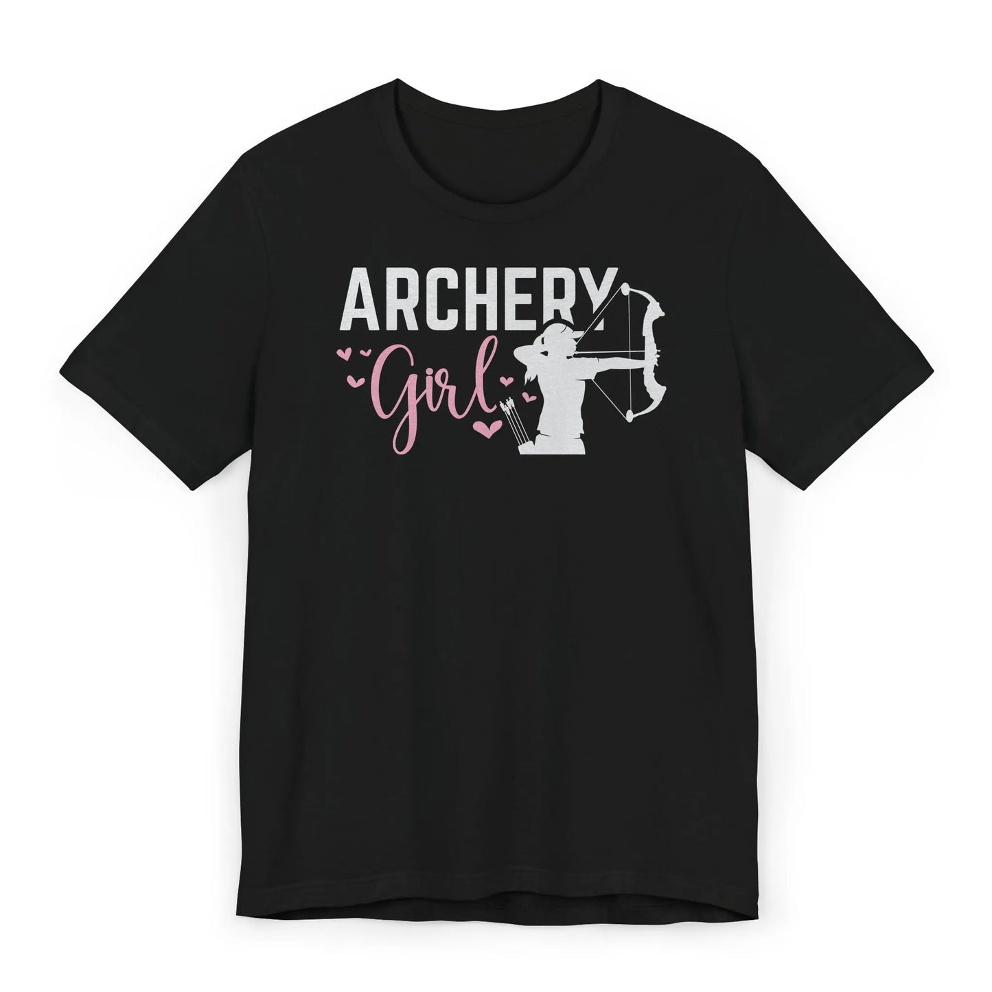 Flat image of cute archery girl shirt with pink hearts – birthday gift for archery girls