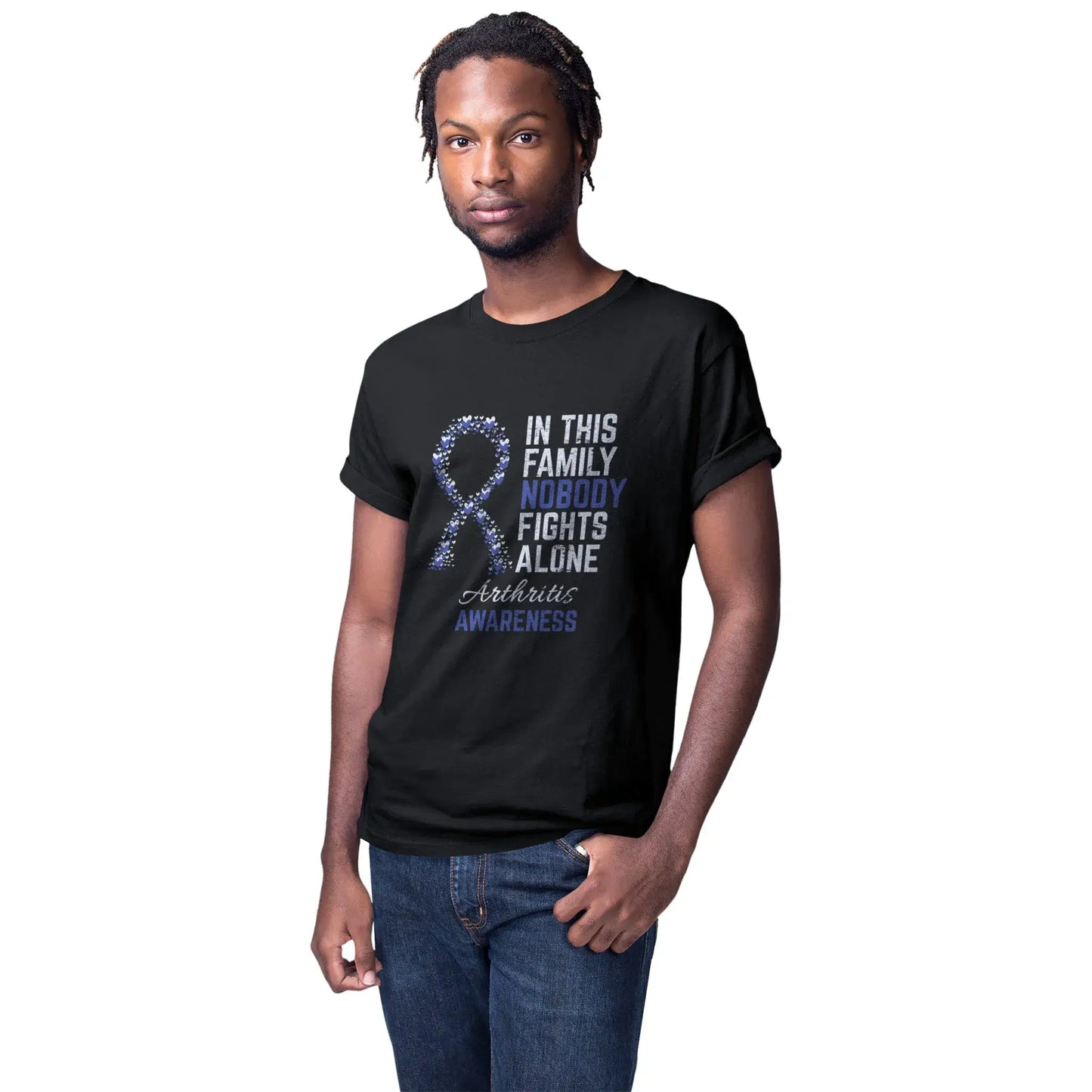 A man wears the Arthritis Awareness tee to raise awareness for arthritis warriors facing stiffness, inflammation, and fatigue each day.