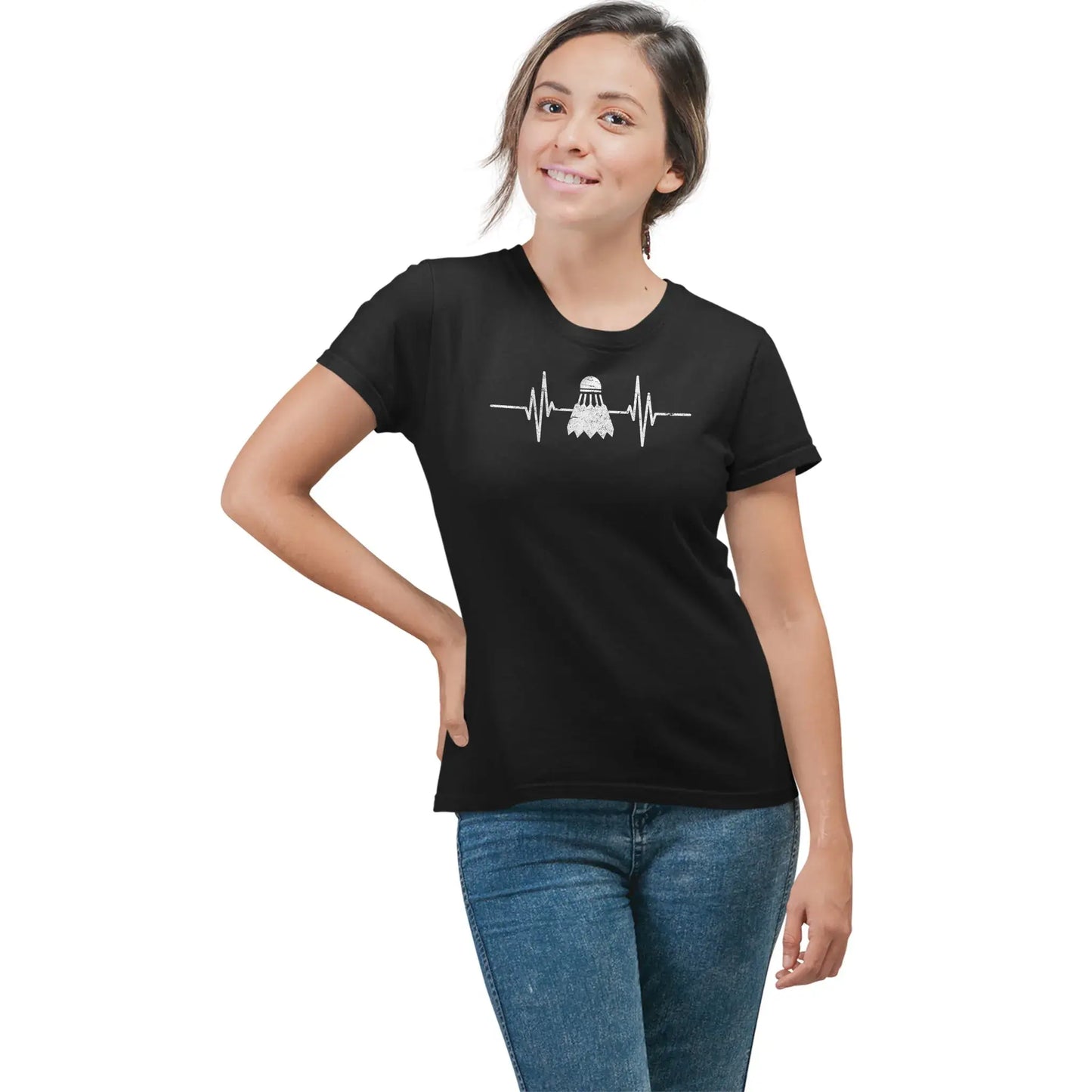 Women’s clean design tee with heartbeat and shuttlecock minimalist print