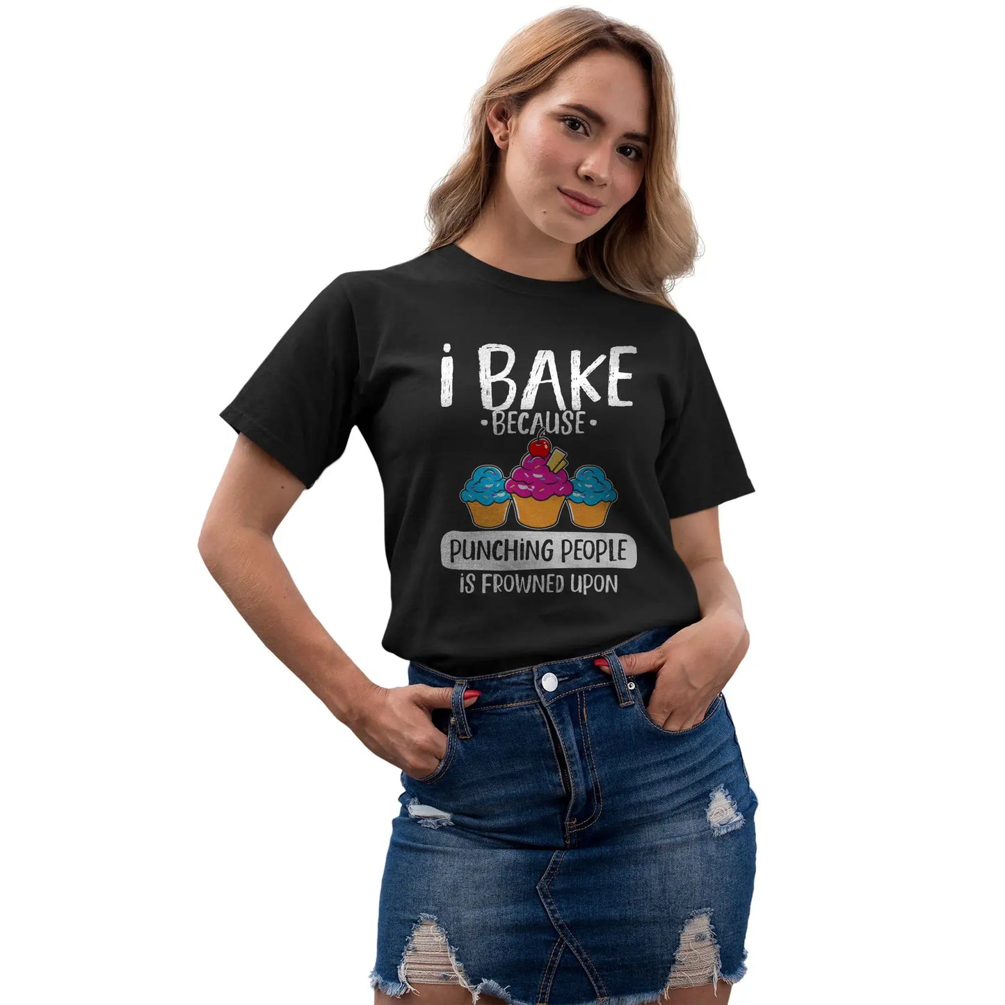Woman in funny baker T-shirt with quote about baking and punching people