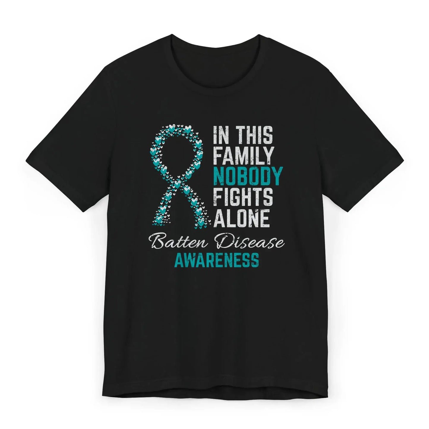 The flat image shows a Batten Disease Awareness T-shirt with a teal heart-filled ribbon and quote honoring rare disease families and child warriors.