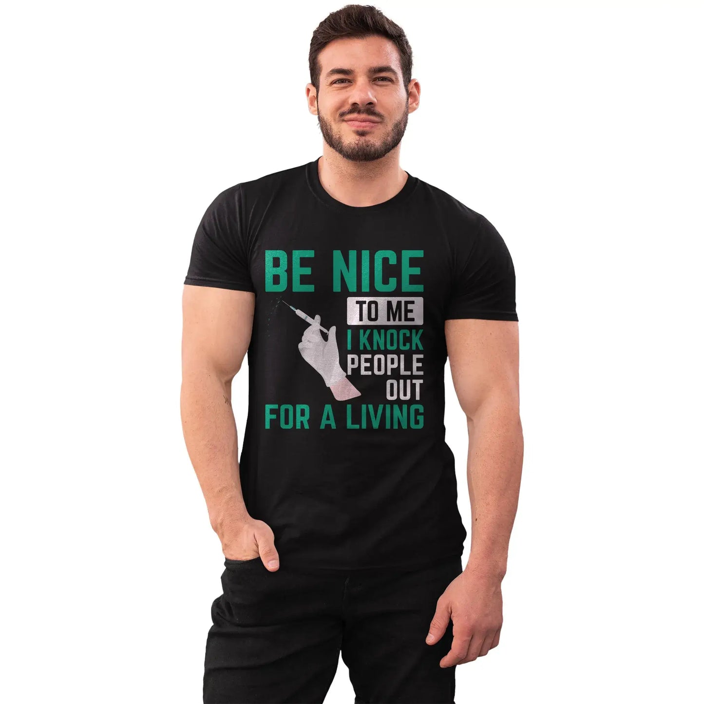 Man in anesthesiology humor shirt