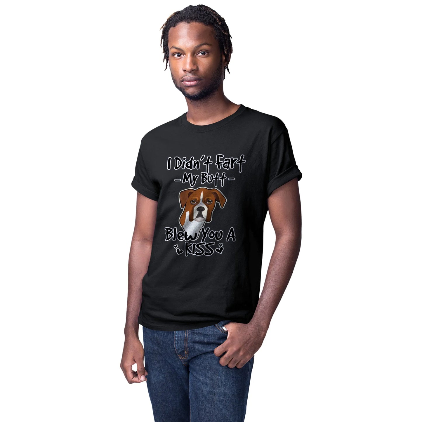 Men's mockup of a black funny Boxer t-shirt featuring a goofy Boxer face and a humorous quote, ideal gift for Boxer dads.