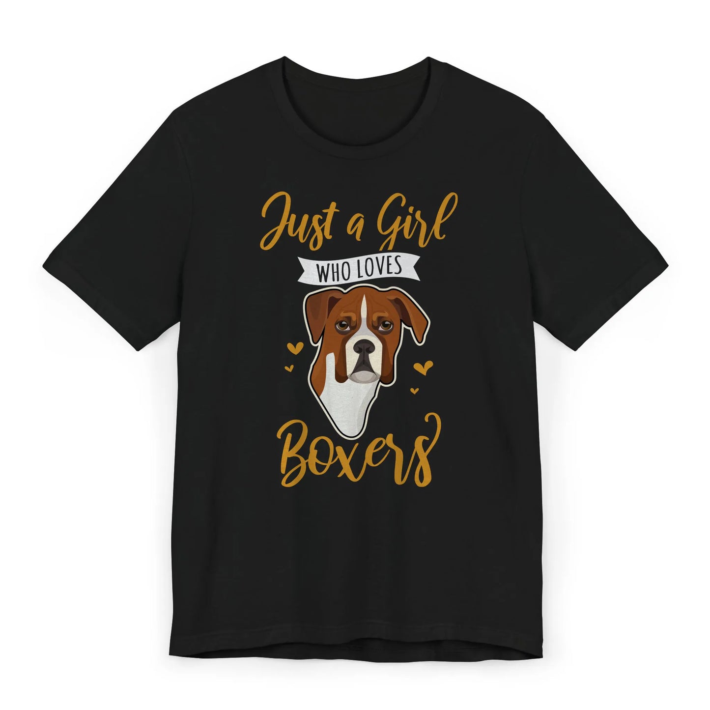 Flat image of a Boxer mom shirt with the quote “Just a Girl Who Loves Boxers” and cute dog design.