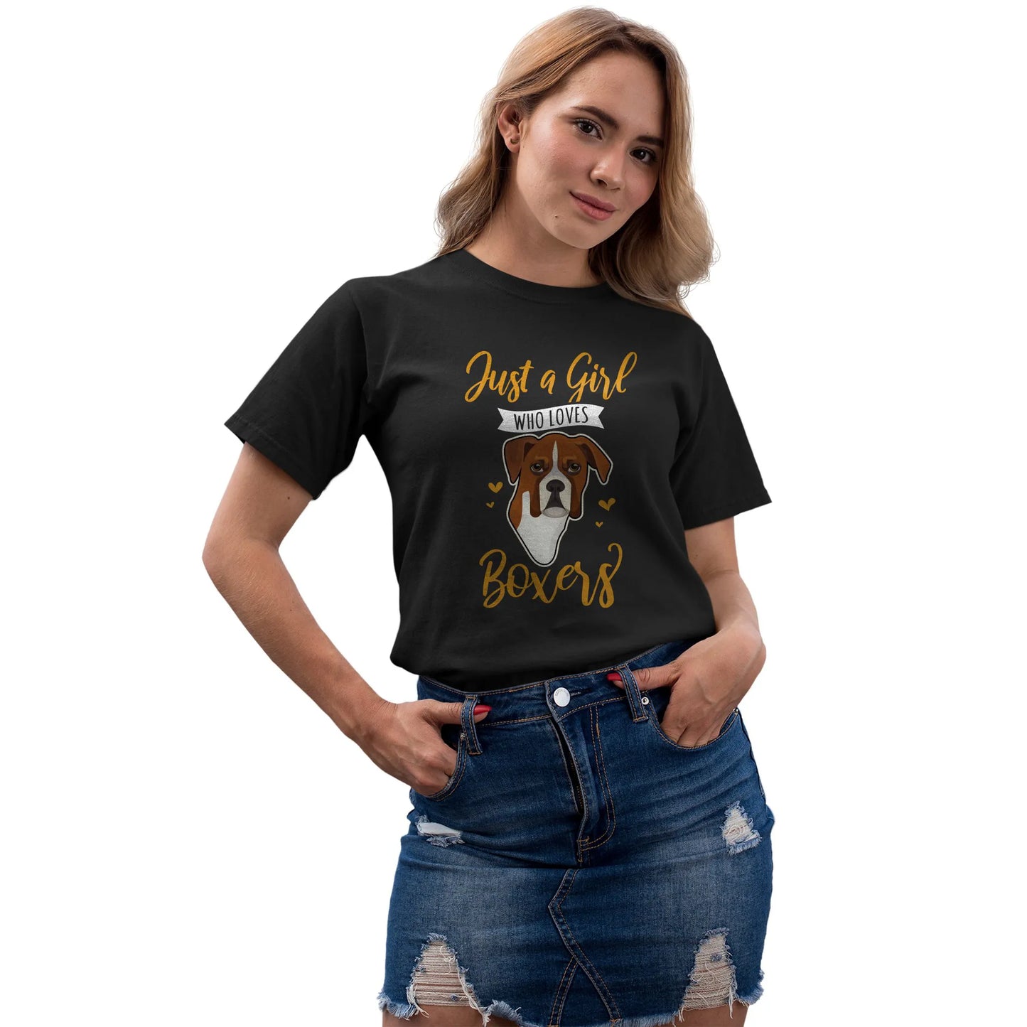 Another women's mockup of the “Just a Girl Who Loves Boxers” shirt, celebrating Boxer dog love with a sweet message.