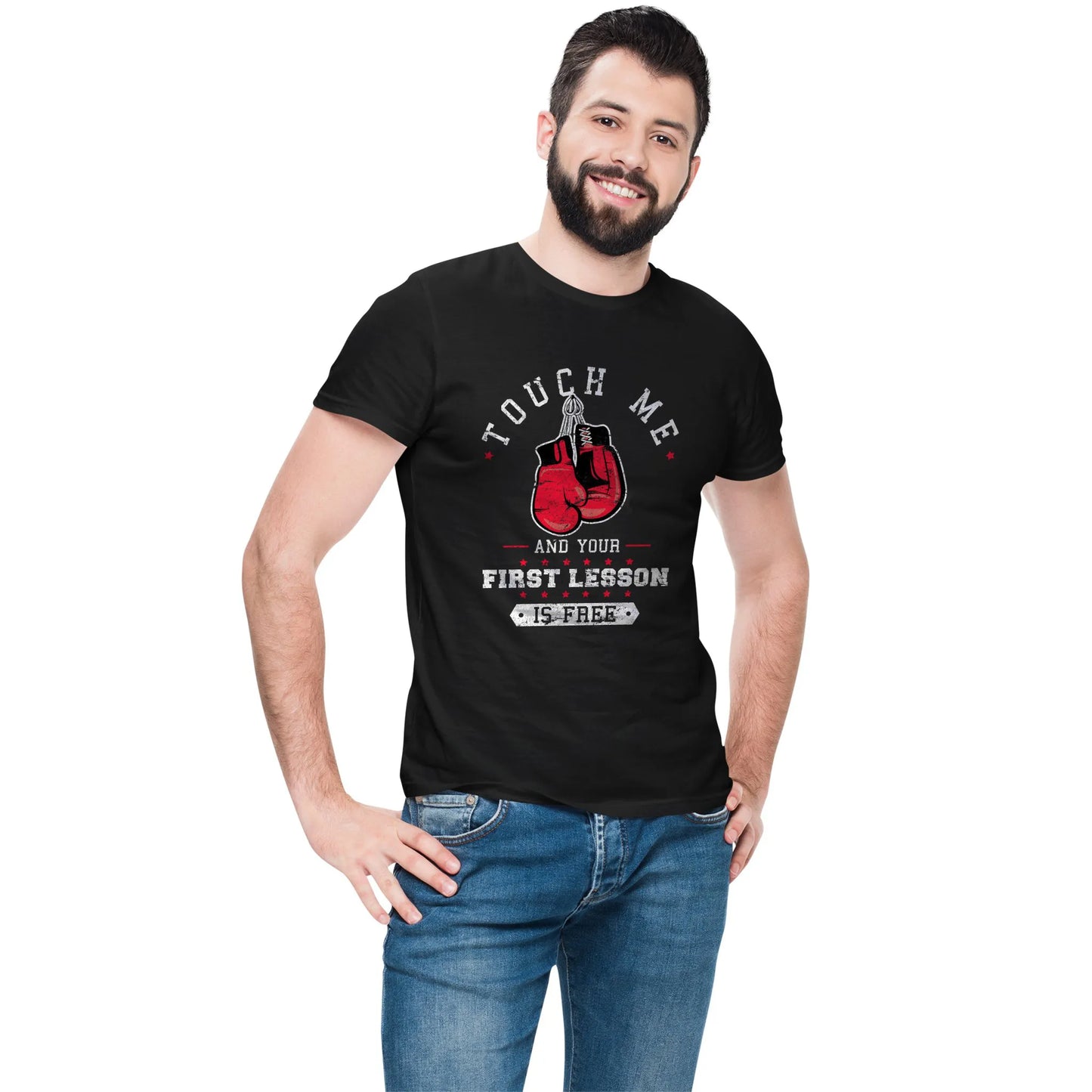 Men’s version of boxing tee with red gloves and humor-packed quote for fighters and coaches.