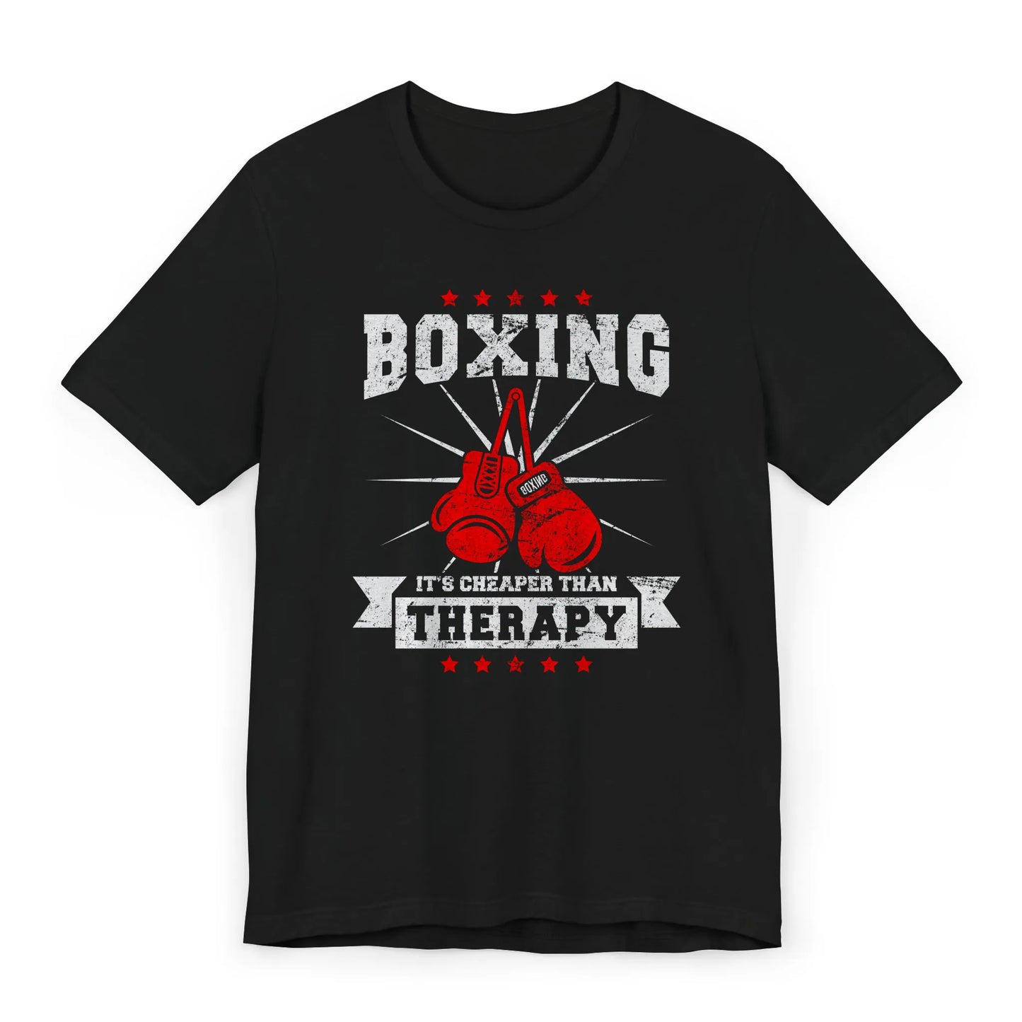 Flat lay of a funny boxing shirt with red gloves and the quote “Boxing – It’s Cheaper Than Therapy.”
