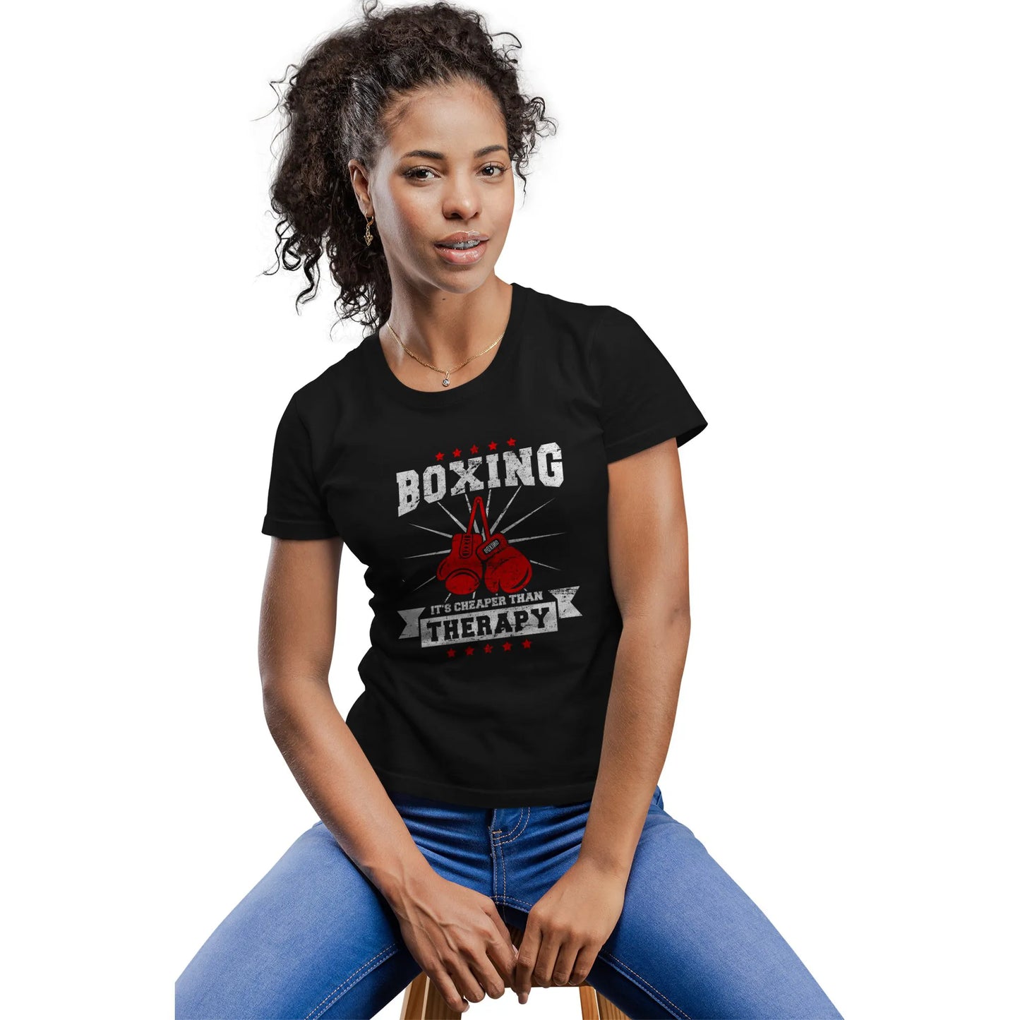 Women’s mockup of a boxing tee for stress relief and mental health with red gloves graphic.
