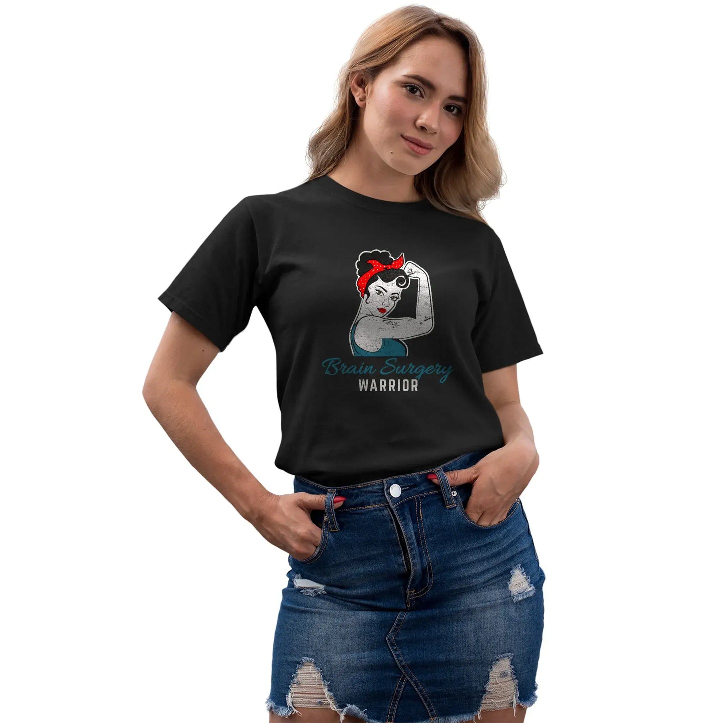 Women’s version of survivor tee featuring brain surgery awareness and strength message.