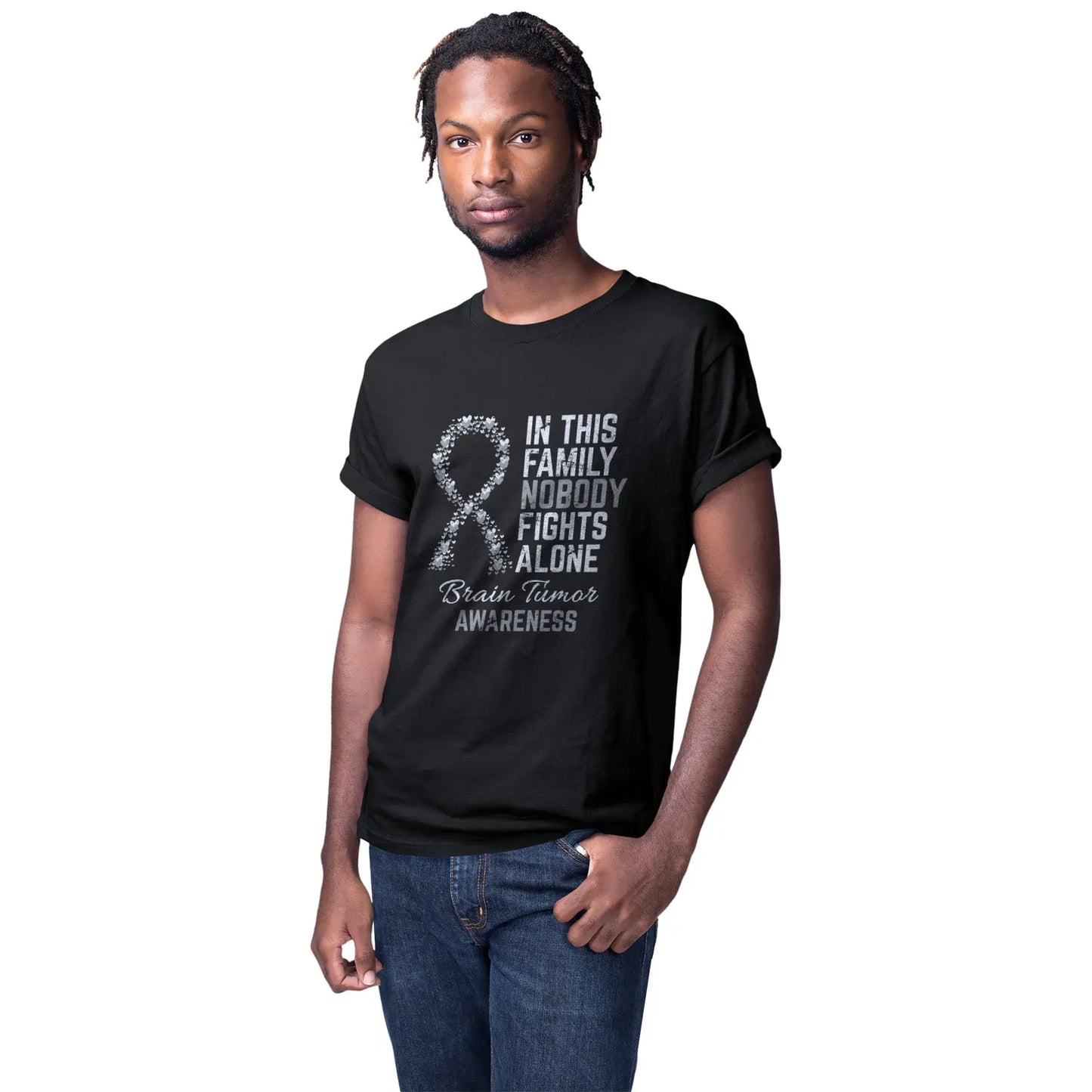 A man models the Brain Tumor Awareness tee to promote visibility, love, and support for brain cancer patients and survivors.