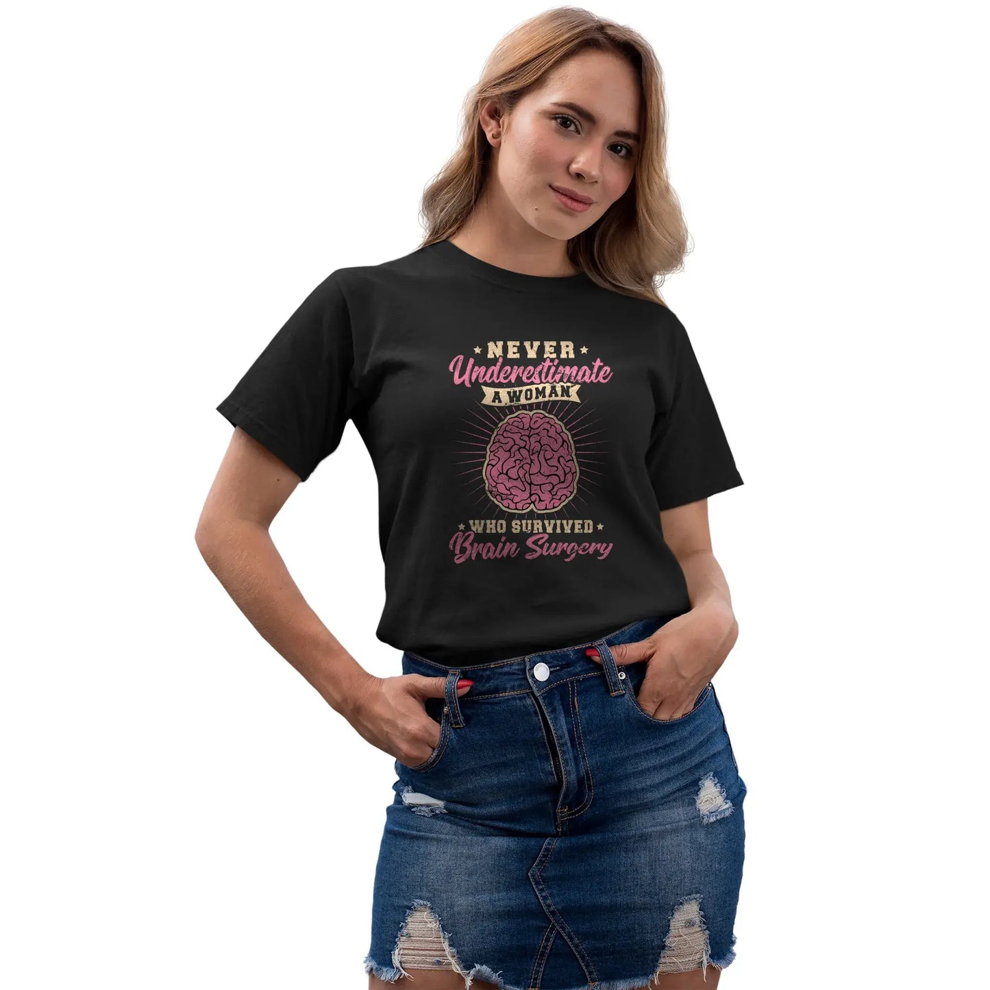 Women’s version of brain tumor awareness shirt featuring empowering quote and survivor theme.