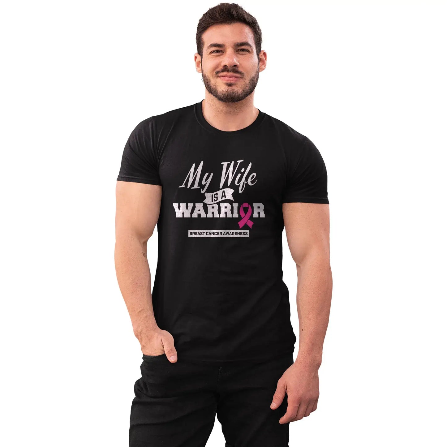 The “My Wife Is a Warrior” tee is worn by a husband supporting his wife through breast cancer with pride and solidarity.