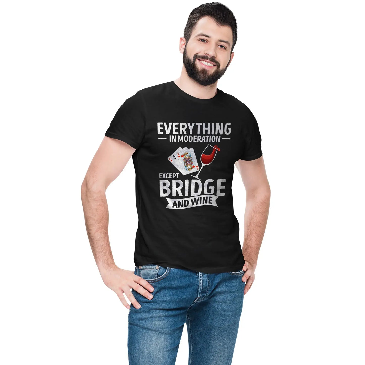 Men’s version of humorous bridge gift tee with wine theme and playing cards graphic.