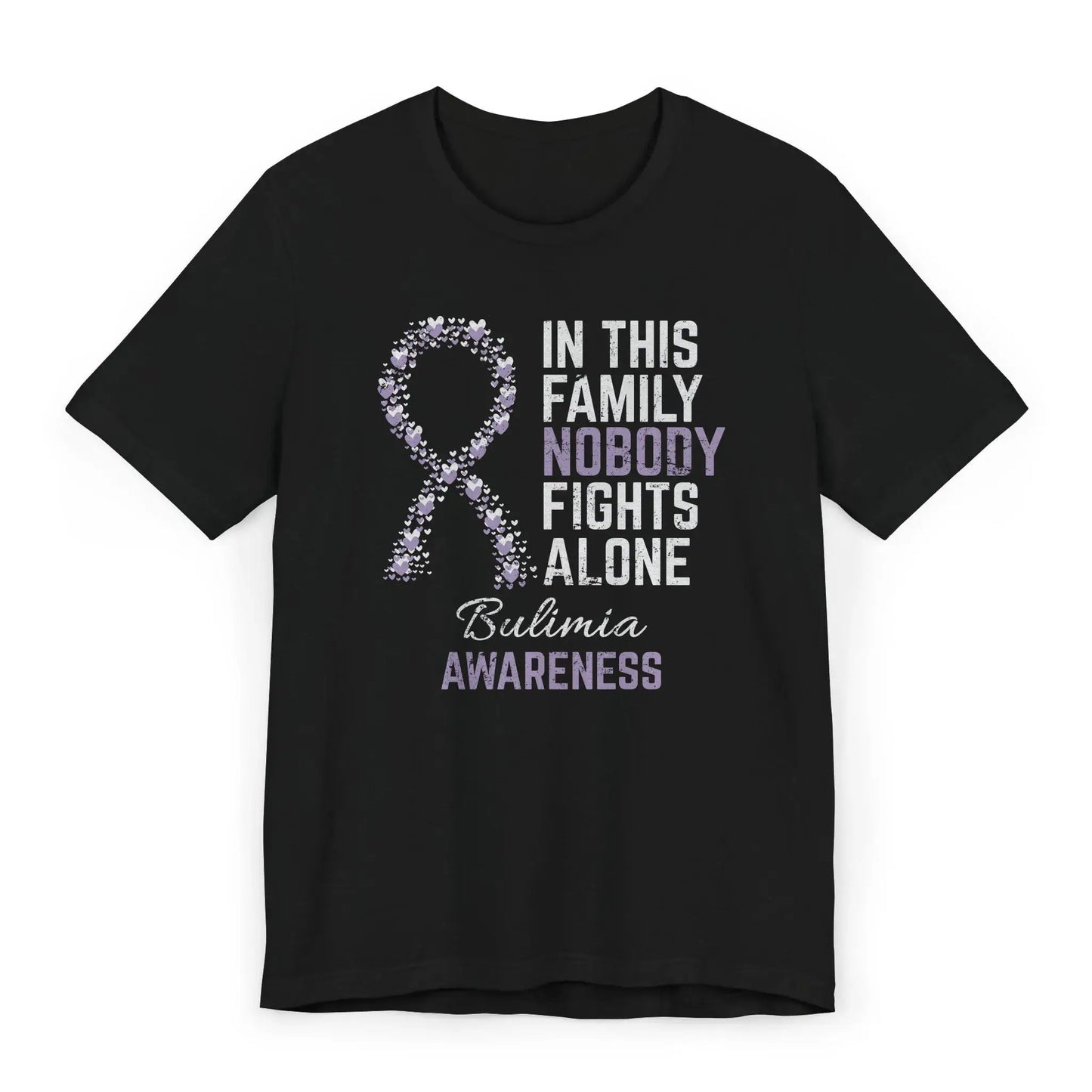 Flat image of the Bulimia Awareness T-shirt with a purple ribbon and quote supporting recovery from eating disorders.