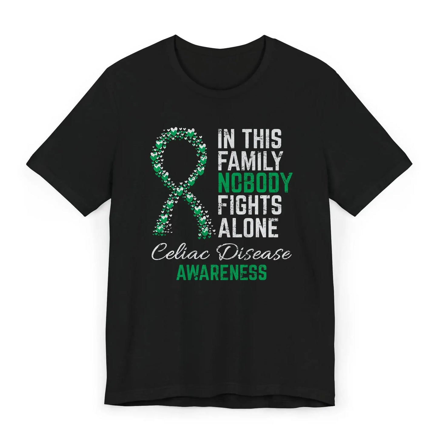 The flat image displays a Celiac Disease awareness unisex T-shirt with a heart-filled ribbon and quote showing support for the gluten-free community.