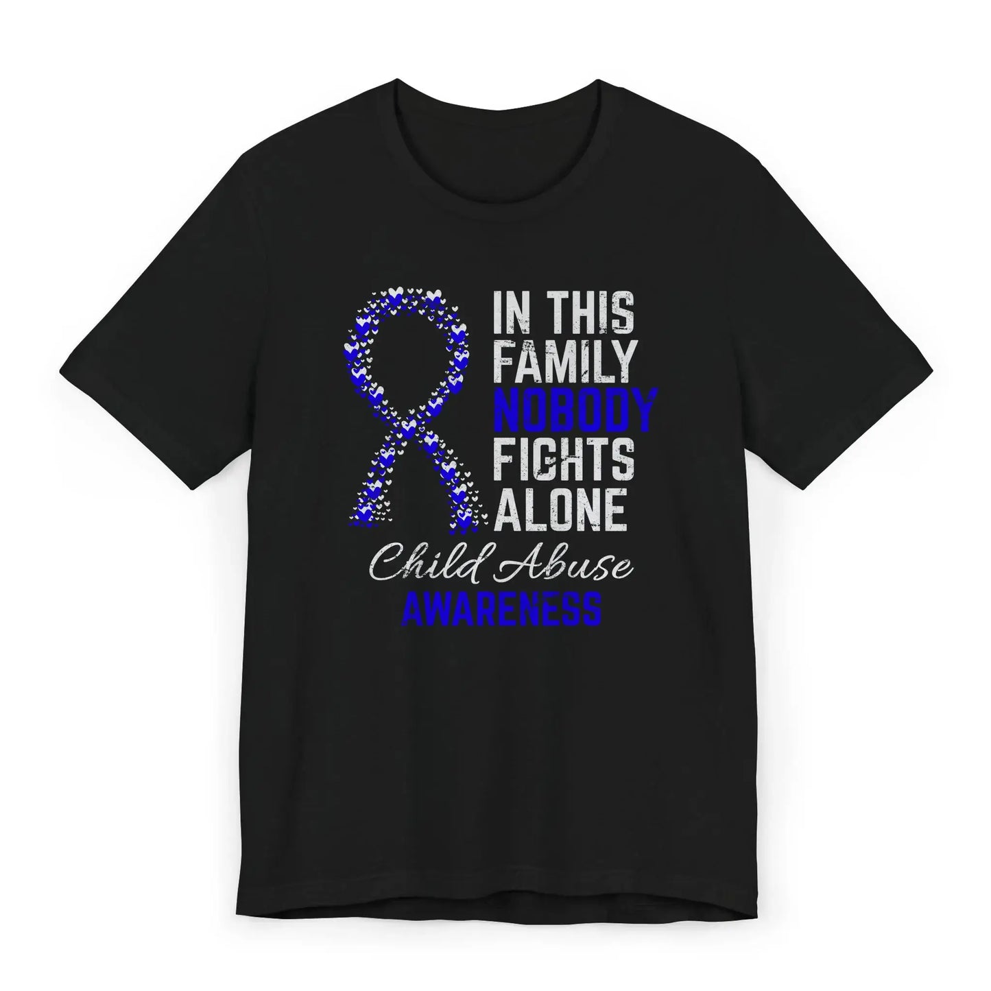 Flat image of the Child Abuse Awareness T-shirt with heart-filled ribbon and quote to support survivors and raise visibility for child protection.
