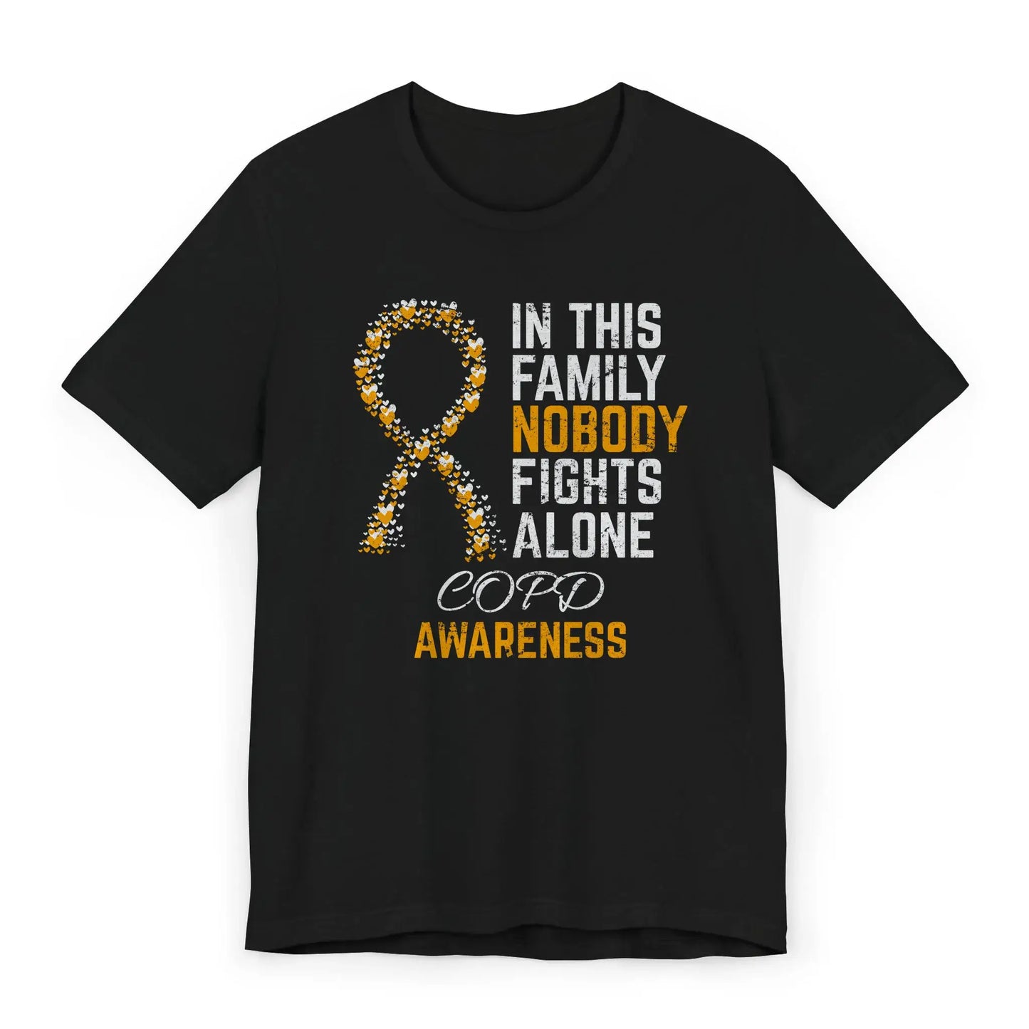 Flat image of the COPD awareness T-shirt with a heart-filled ribbon and the quote “In This Family No One Fights Alone.”