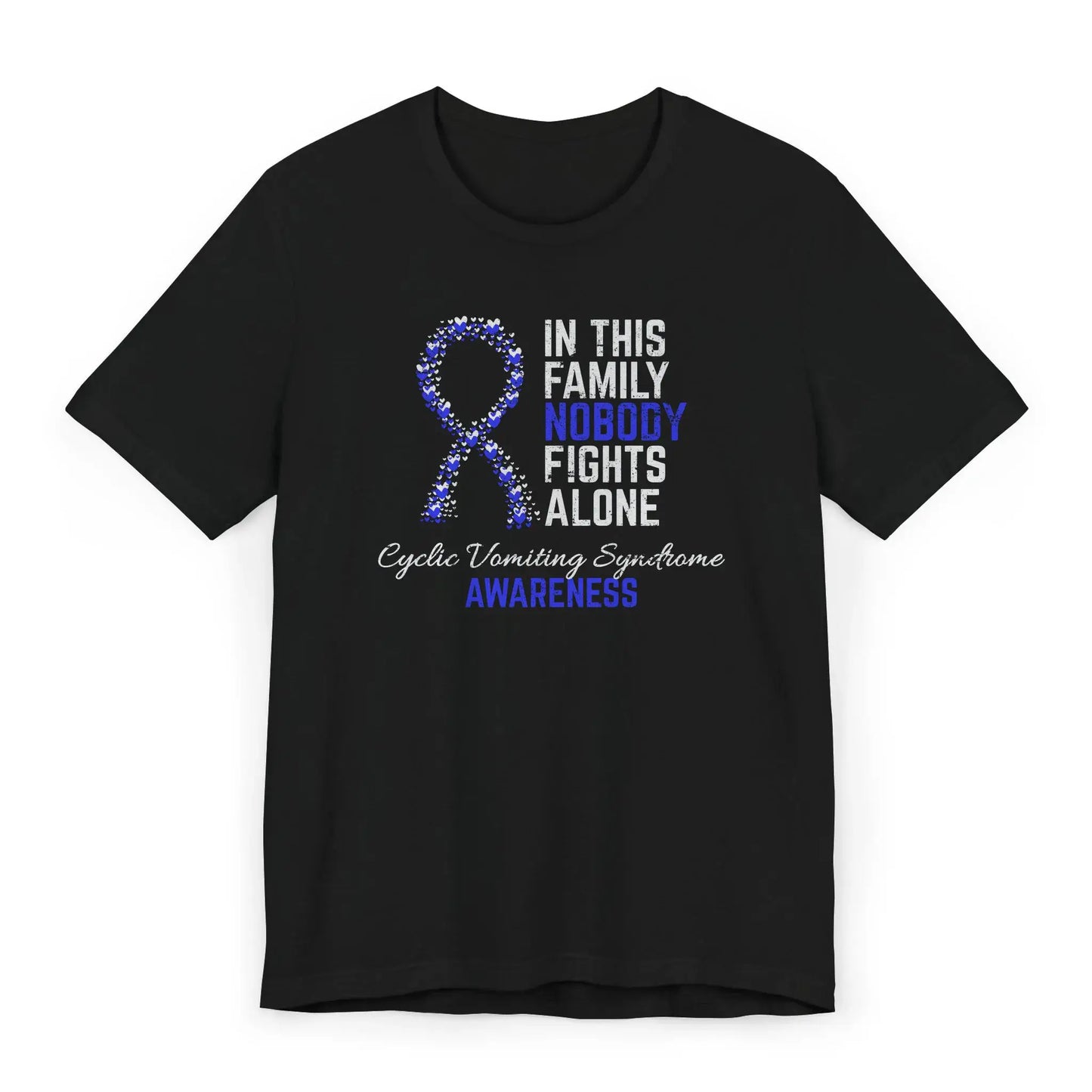 Flat image of the Cyclic Vomiting Syndrome Awareness T-shirt with a purple ribbon and quote offering support for invisible illness fighters.