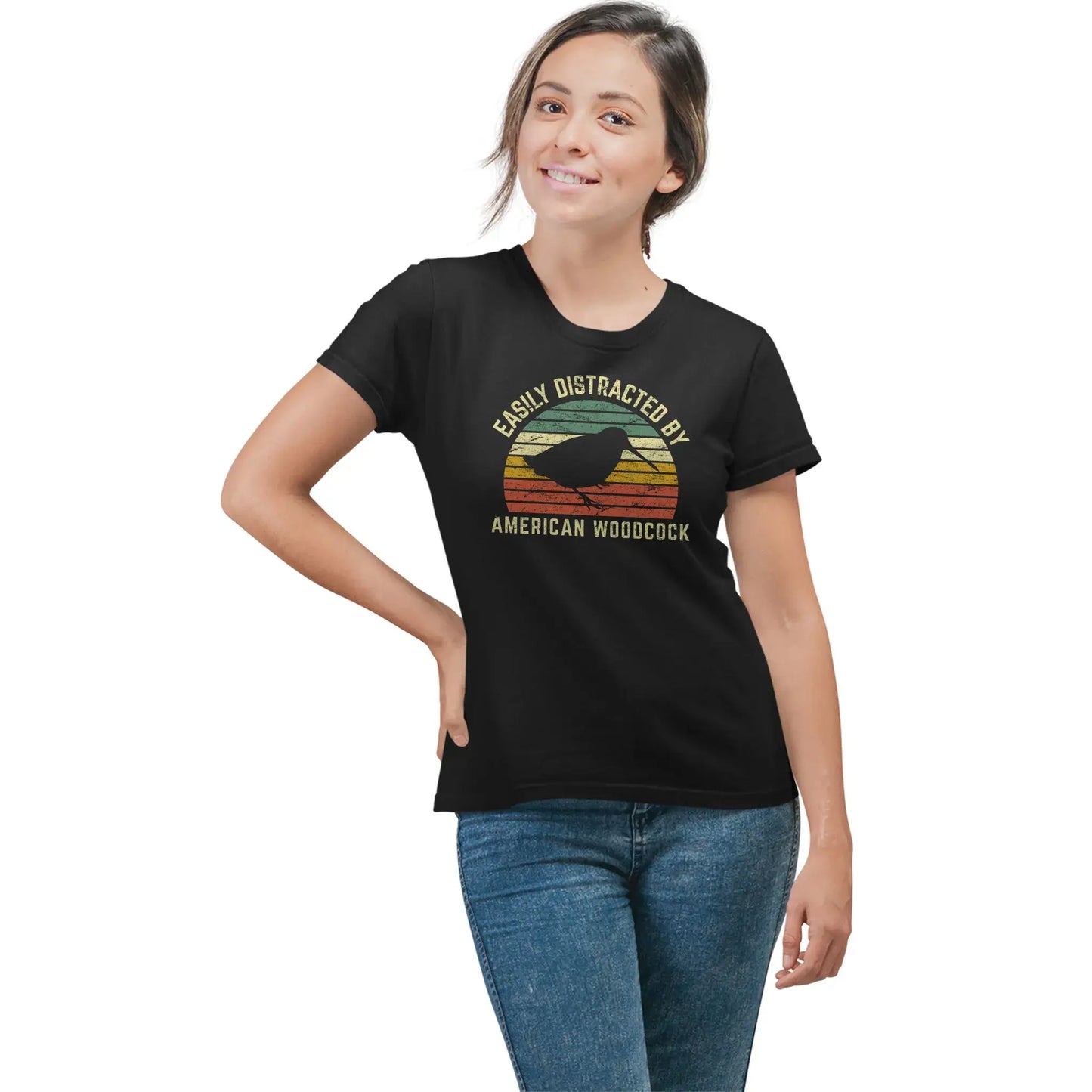 Woman in Easily Distracted by Woodcock tee