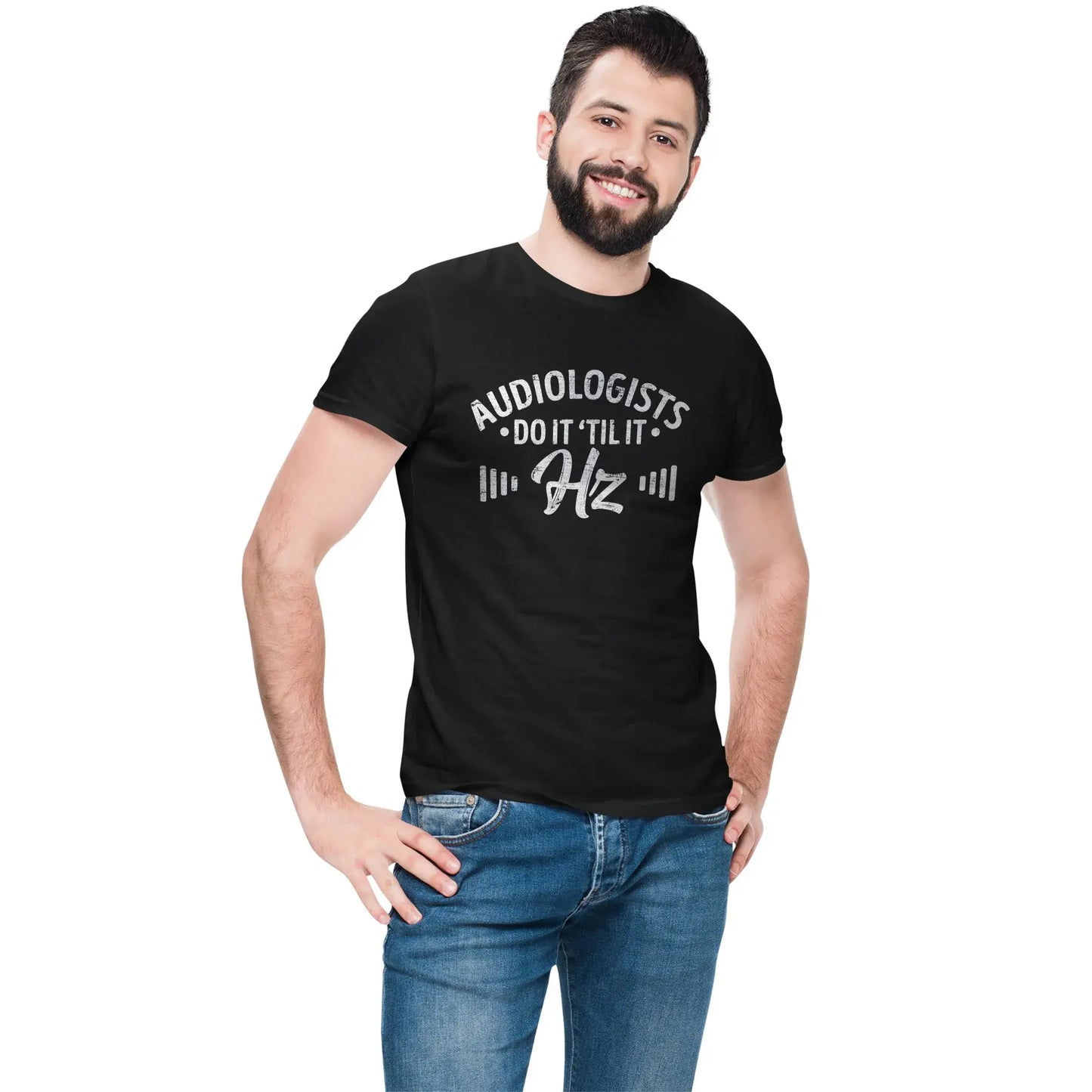 Man wearing sound-themed audiology shirt with punny quote