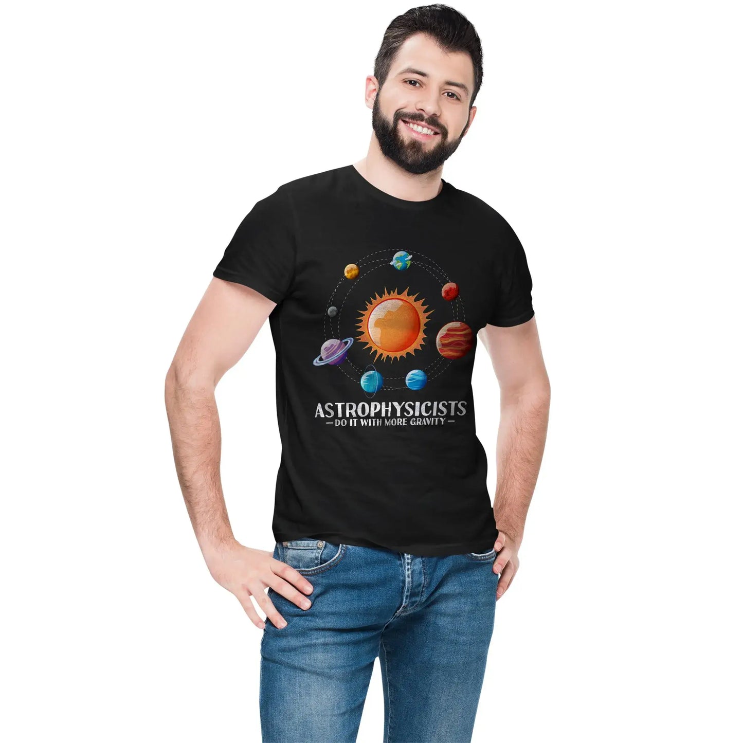 Man wearing clever science shirt with gravity-themed humor