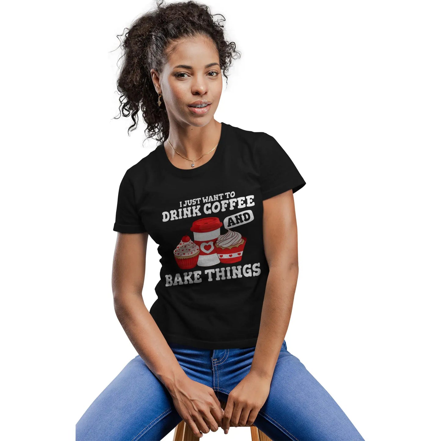 Woman wearing Drink Coffee and Bake Things shirt, funny gift for bakers