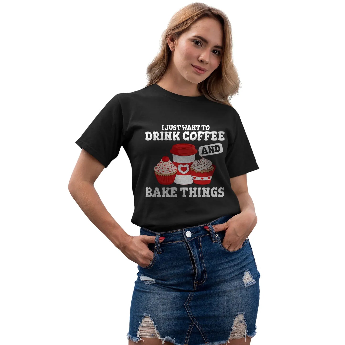 Woman in cute coffee and baking themed T-shirt, perfect baker gift