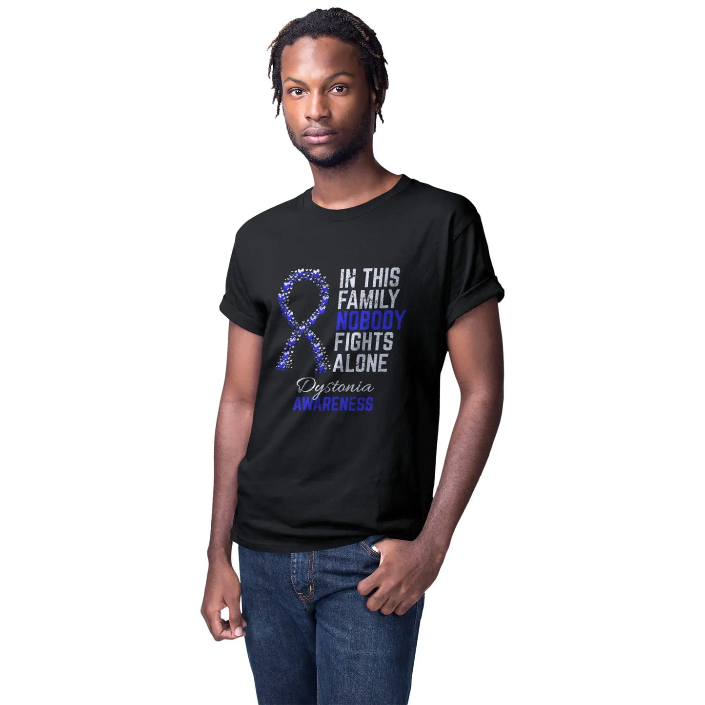 A man models the Dystonia Awareness tee to stand in support of those affected by muscle contractions and chronic movement conditions.