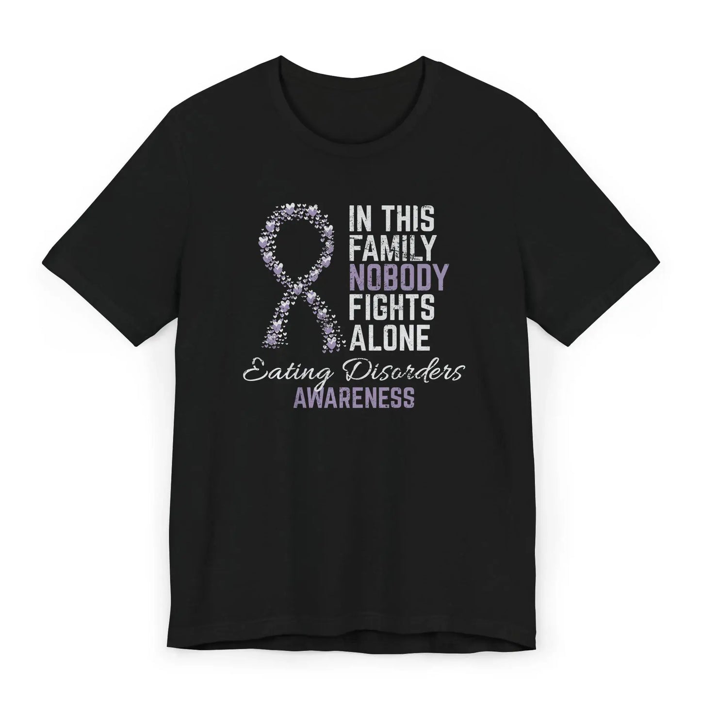 Flat image of the Eating Disorders Awareness T-shirt with a rainbow ribbon and quote supporting recovery and self-love.