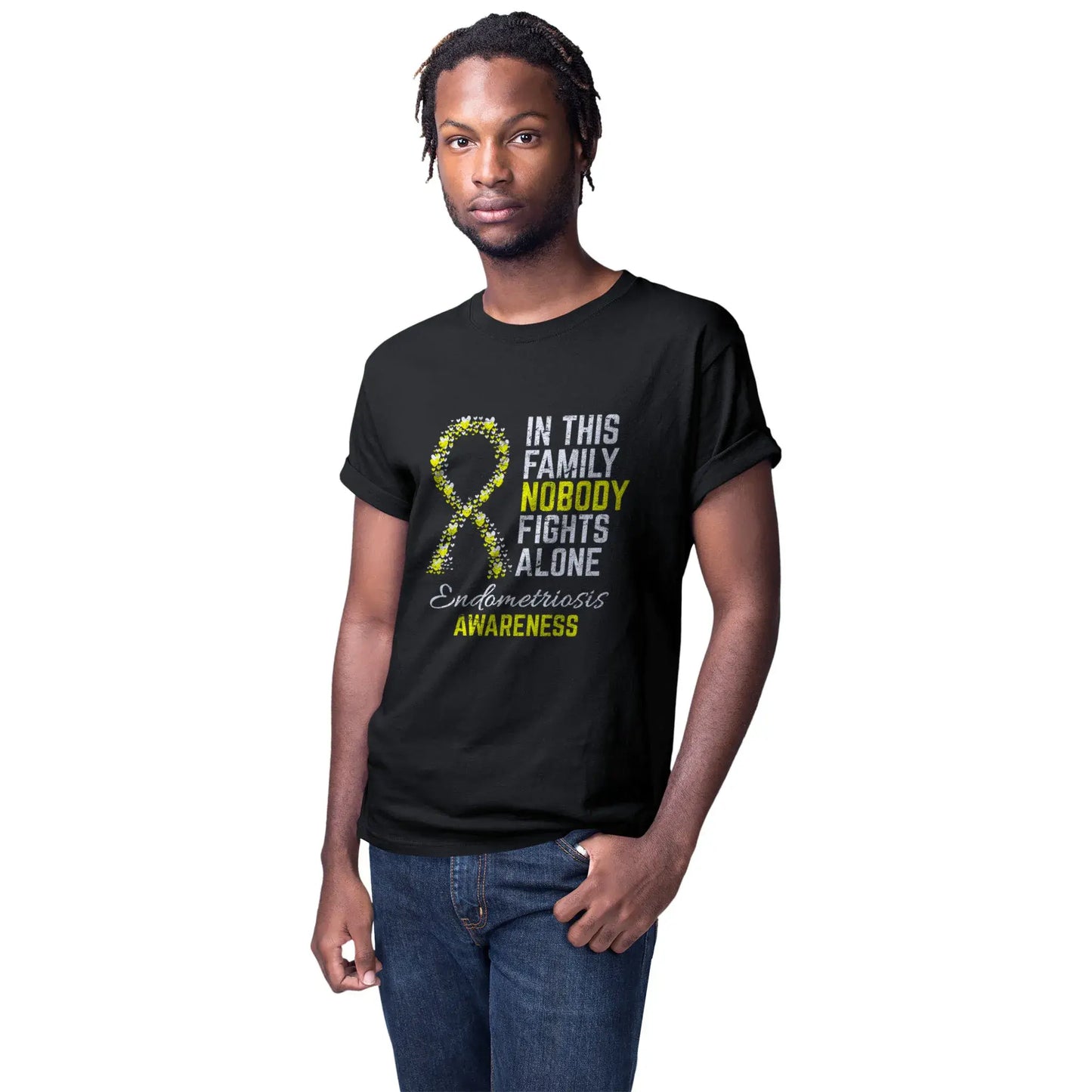 A man models the Endometriosis Awareness tee to show solidarity and stand with women affected by this chronic condition.