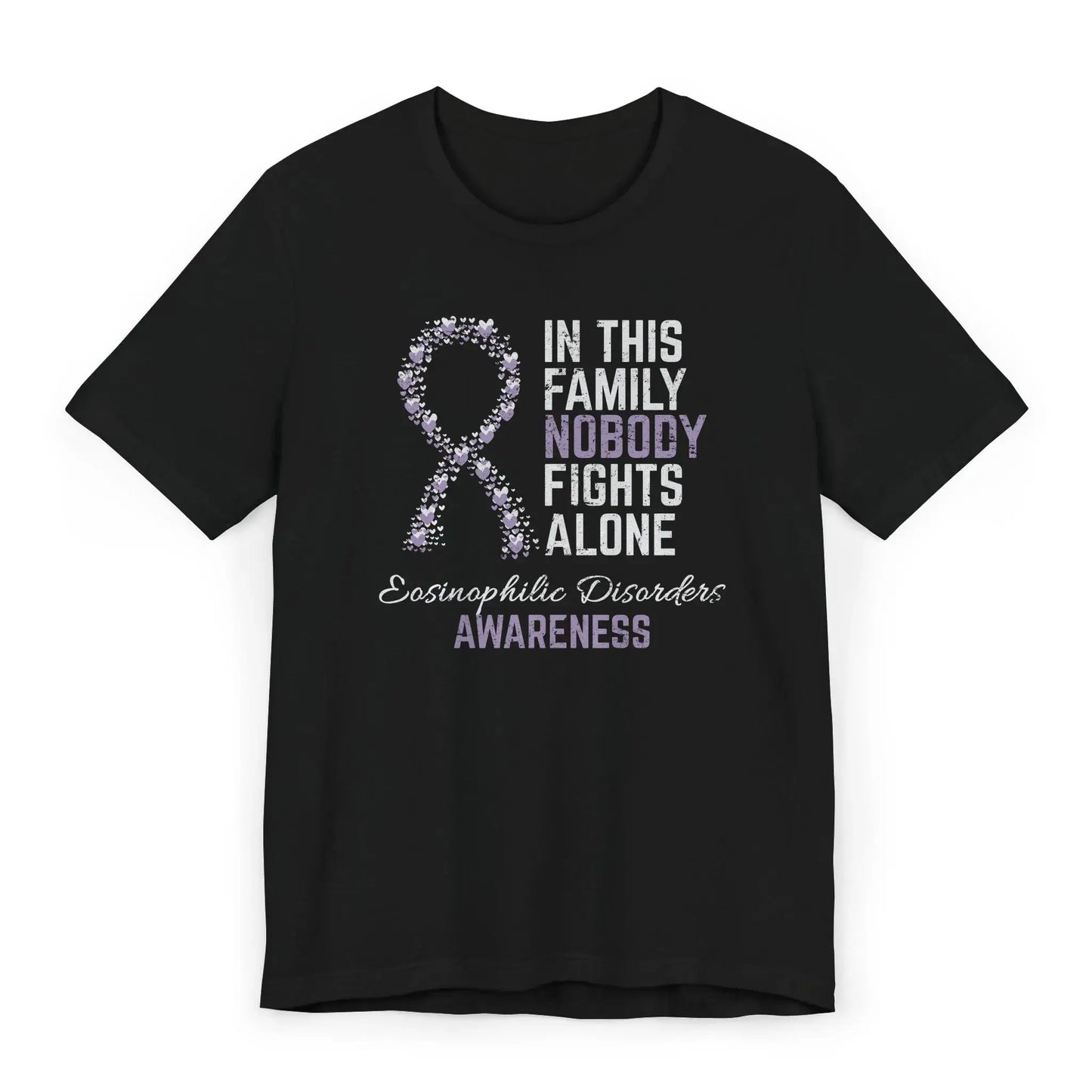 Flat image of the Eosinophilic Disorders Awareness T-shirt with a periwinkle ribbon and quote showing support for rare GI conditions.